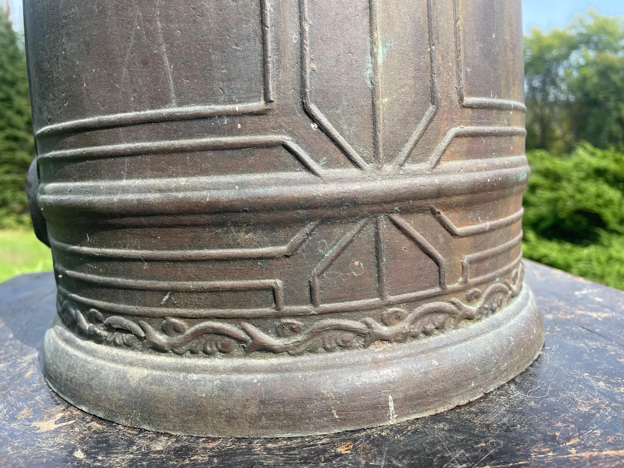 Cast Japanese Large Old Signed Bronze Temple Bell with Bold Sound, 19 Inches