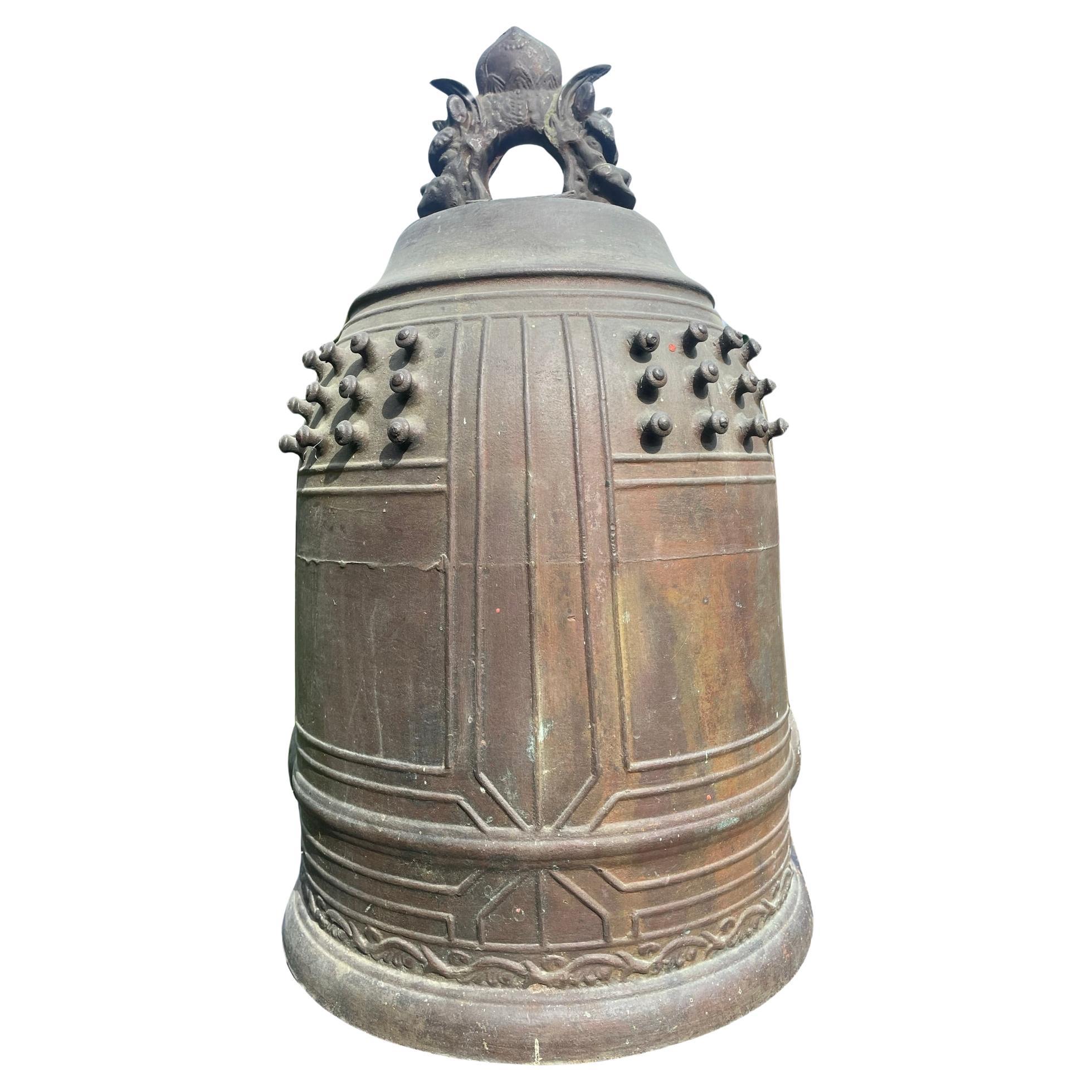 Japanese Large Old Signed Bronze Temple Bell with Bold Sound, 19 Inches For Sale