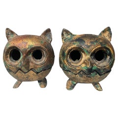 Japanese Large Pair Cast Gilt "Owl" Lanterns, Signed Japan