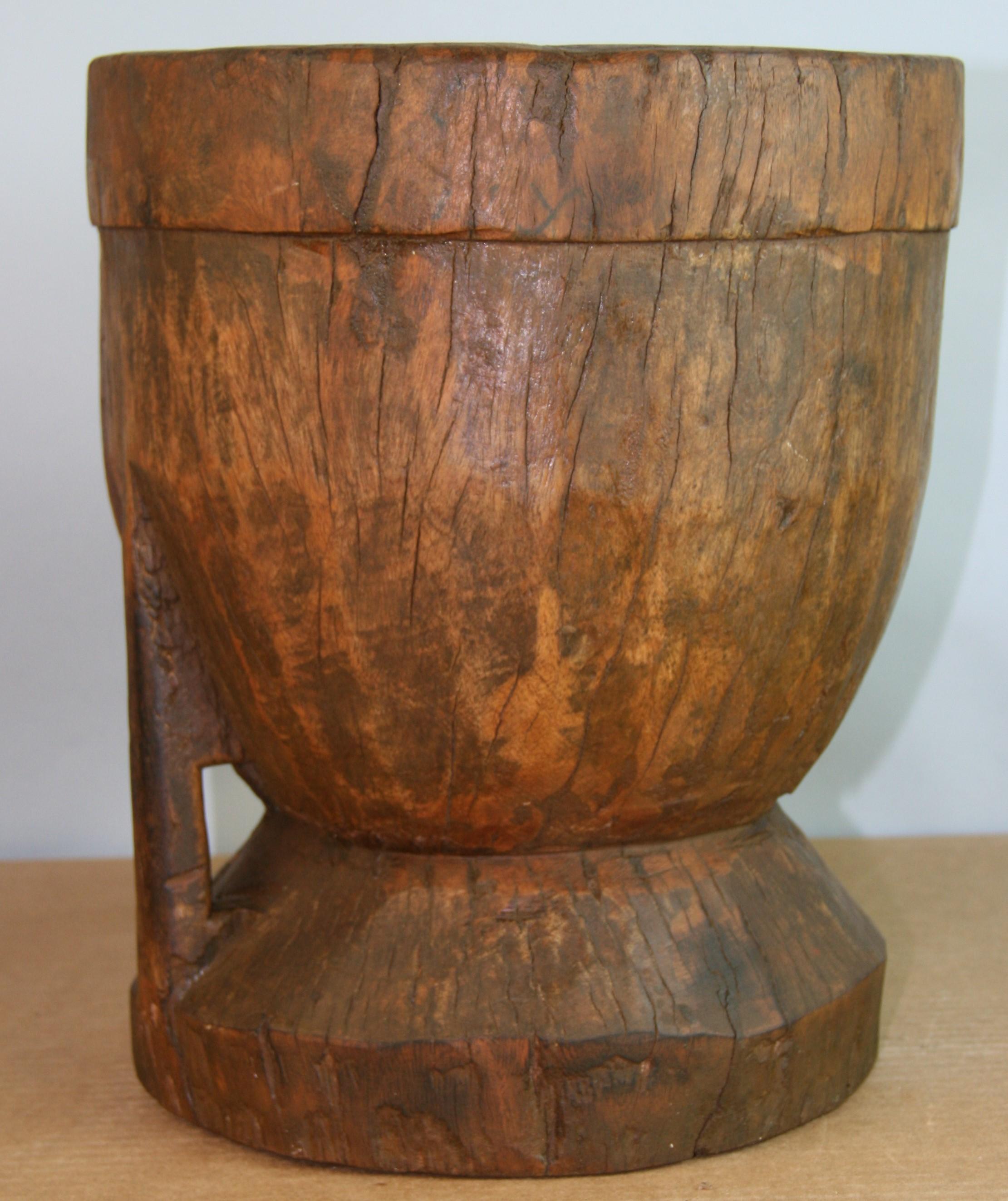 3-1069 Hand carved wood mortar used for grinding corn /grain.
Can be used as plant holder.