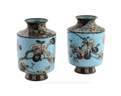 A Pair of Meiji Era Japanese Cloisonne Enamel Cherry Blossom and Geometric Patte