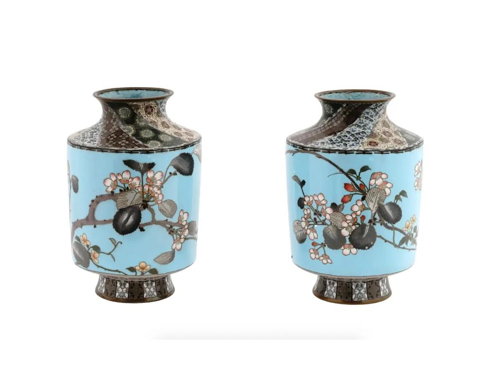 Giapponese Coppia di fiori di ciliegio e patte geometriche giapponesi in smalto cloisonne dell'epoca Meiji in vendita