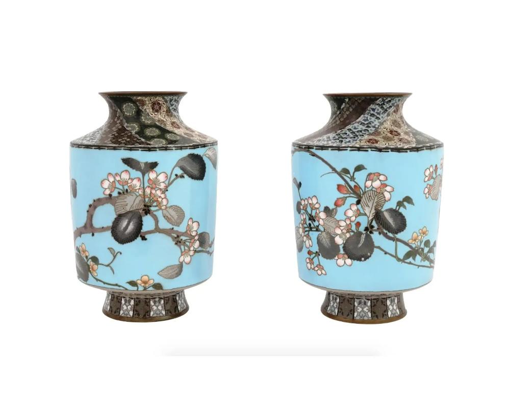 XX secolo Coppia di fiori di ciliegio e patte geometriche giapponesi in smalto cloisonne dell'epoca Meiji in vendita
