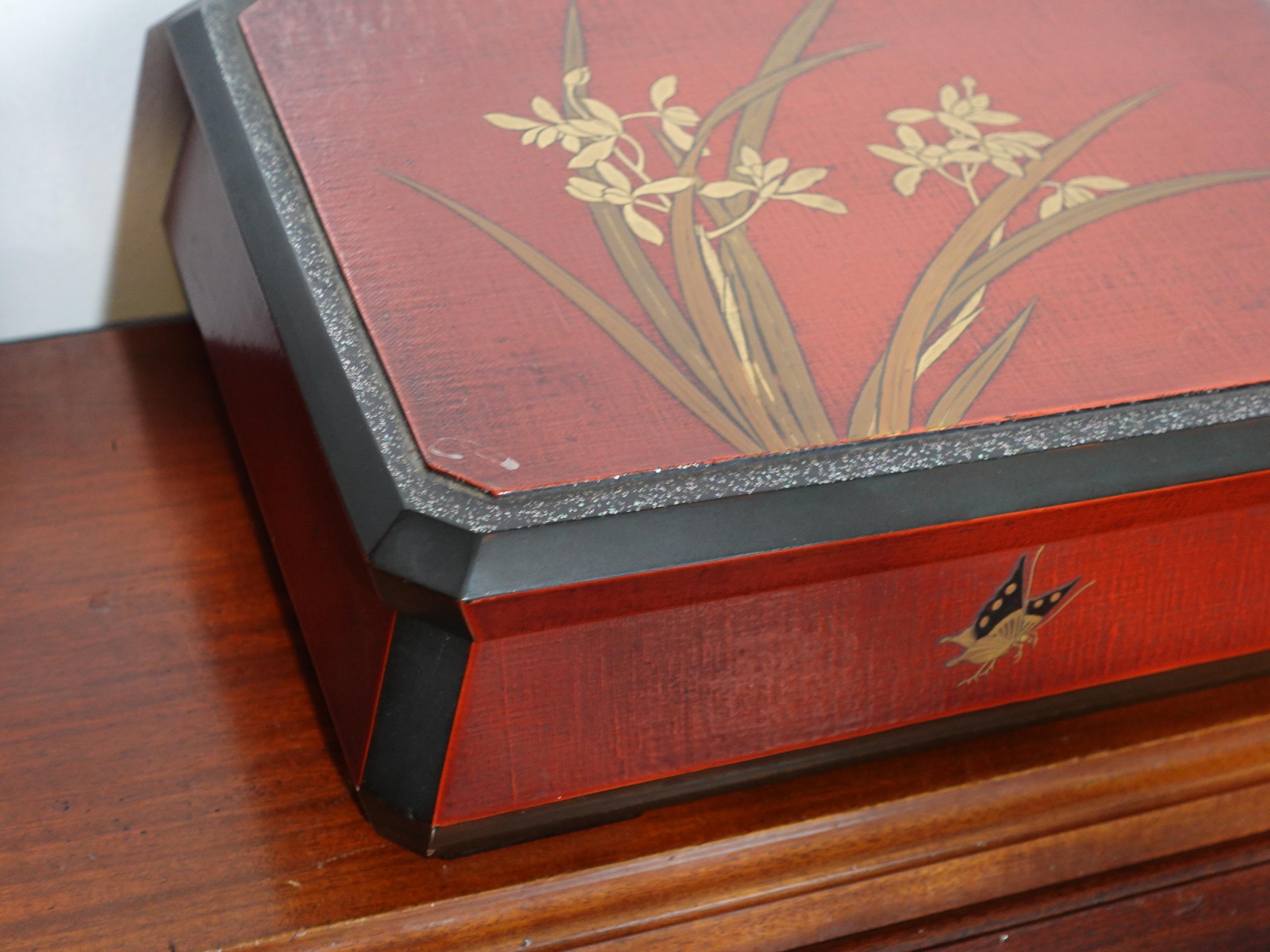 Japonais Grande boîte d'organisation japonaise de la fin de la période Meiji en laque rouge, Ric.052 en vente