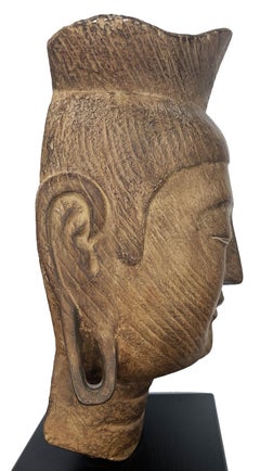 Japanese Late Meiji Period Head of Buddha in Wood, Ca. 1910
