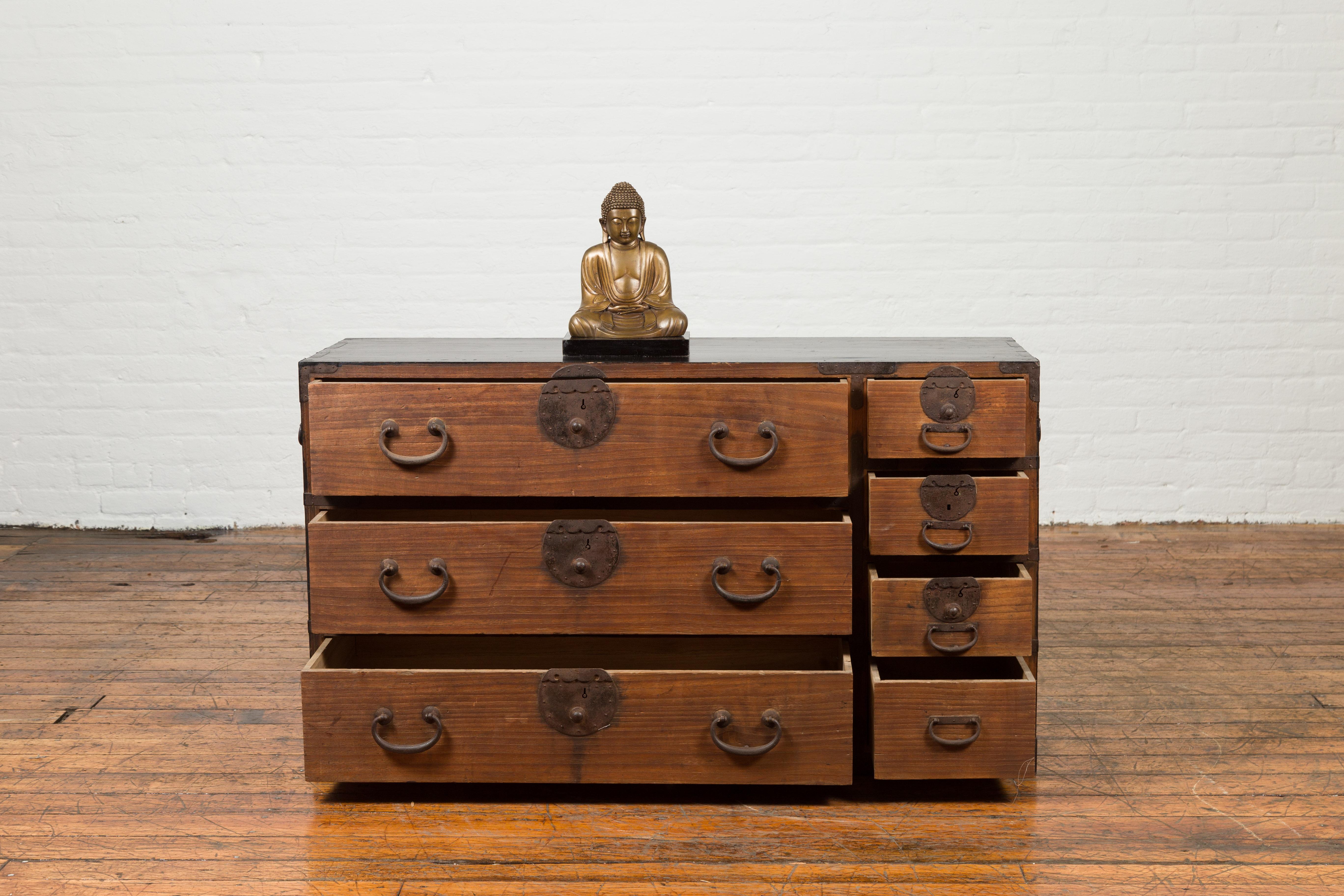 19th Century Japanese Late Meiji Period Keyaki Wood Traveling Tansu Chest with Seven Drawers