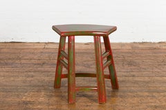 Japanese Late Meiji Period Red and Green Lacquered Stool with Semicircular Seat