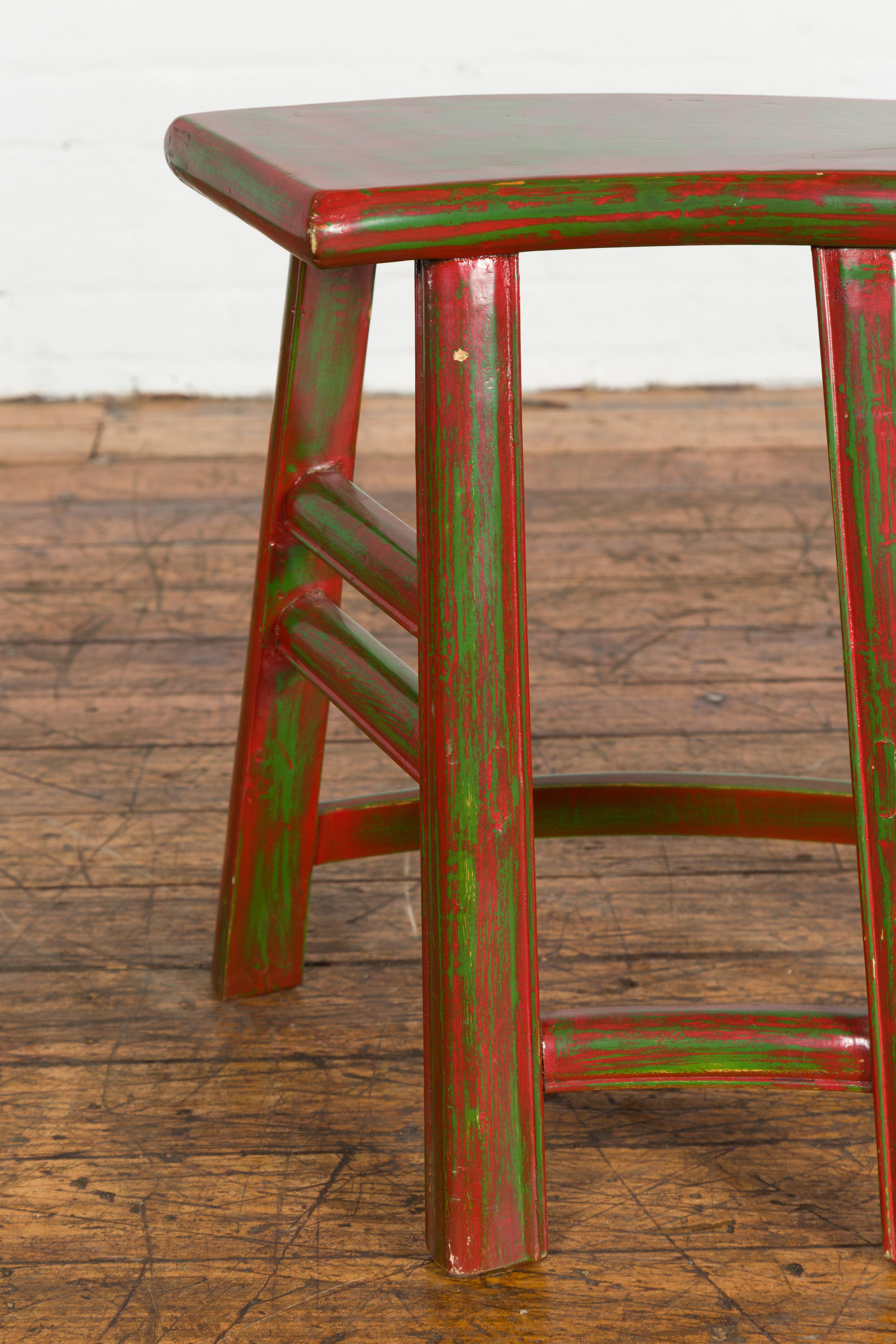 Wood Japanese Late Meiji Period Red and Green Lacquered Stool with Semicircular Seat For Sale