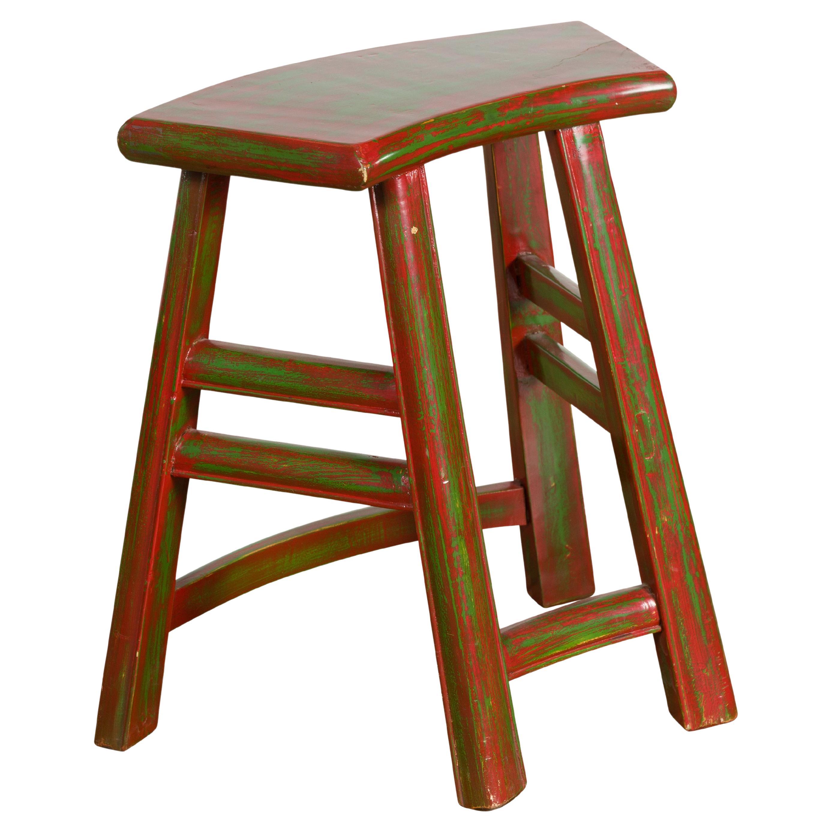 Japanese Late Meiji Period Red and Green Lacquered Stool with Semicircular Seat For Sale
