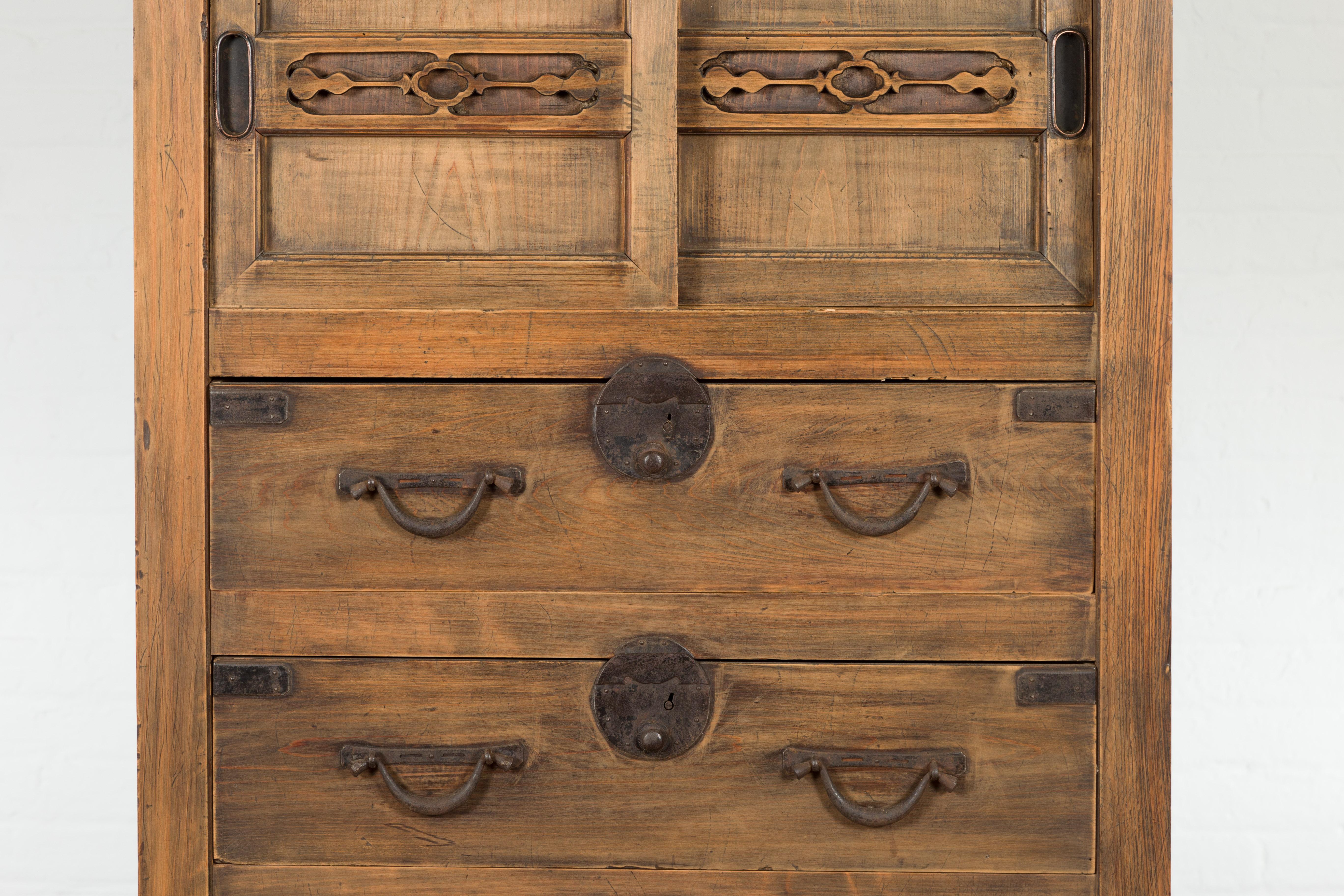 Iron Japanese Late Meiji Period Tansu Clothing Chest with Sliding Doors and Drawers