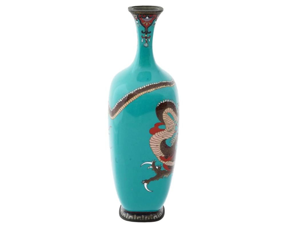 19th Century Japanese Late Meiji Turquoise Cloisonne Enamel Vase W Dragon