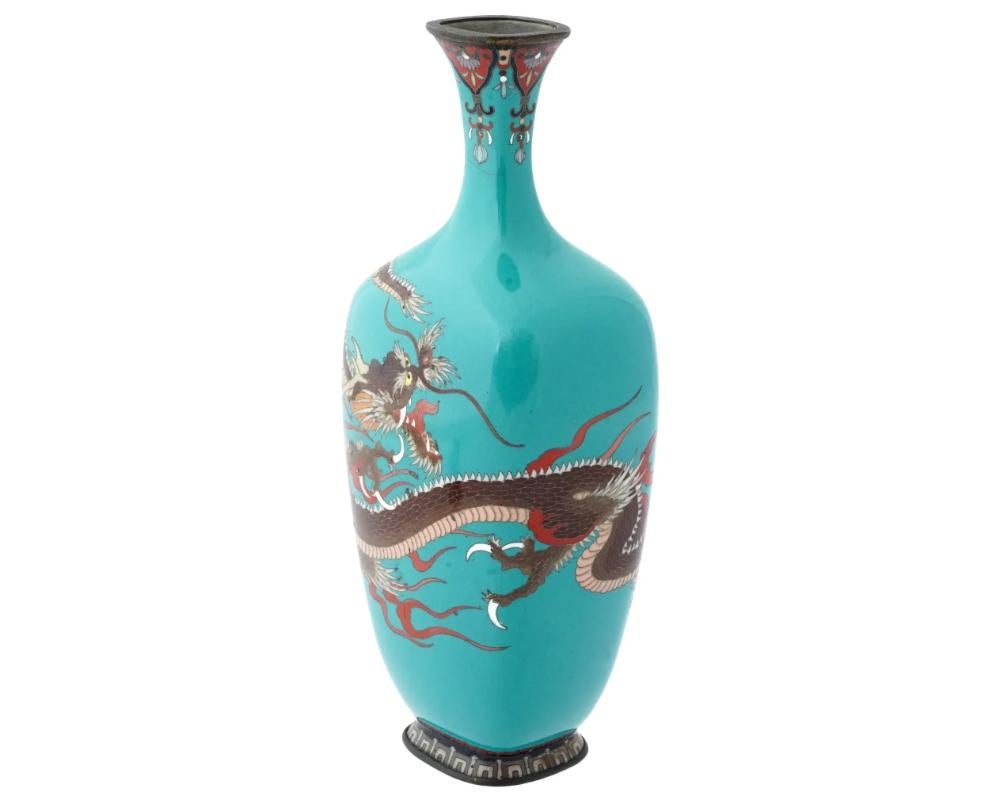 Copper Japanese Late Meiji Turquoise Cloisonne Enamel Vase W Dragon