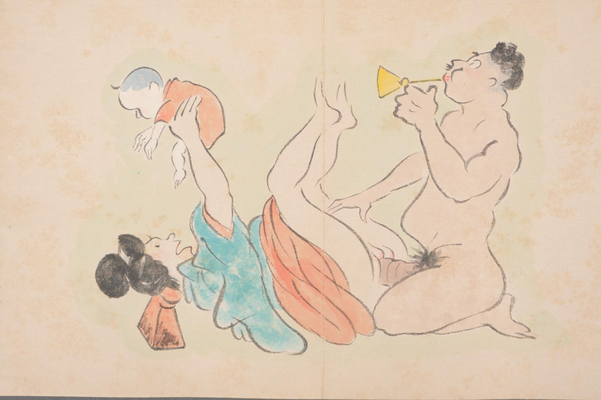 Japanese Leporello Illustration Book Filled with Toba-E 鳥羽絵 Shunga 春画 Paintings For Sale 1