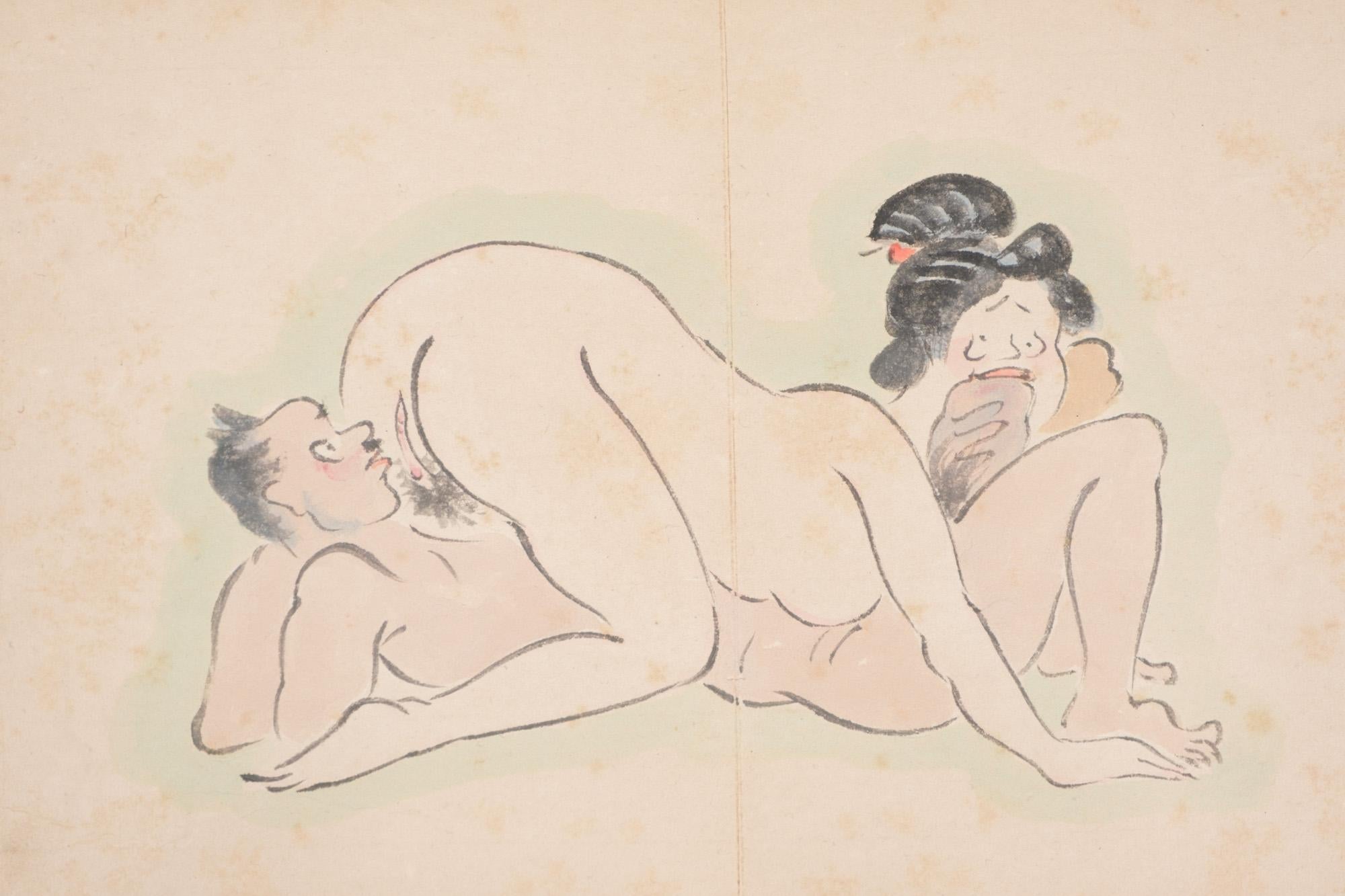 Hand-Painted Japanese Leporello Illustration Book Filled with Toba-E 鳥羽絵 Shunga 春画 Paintings For Sale