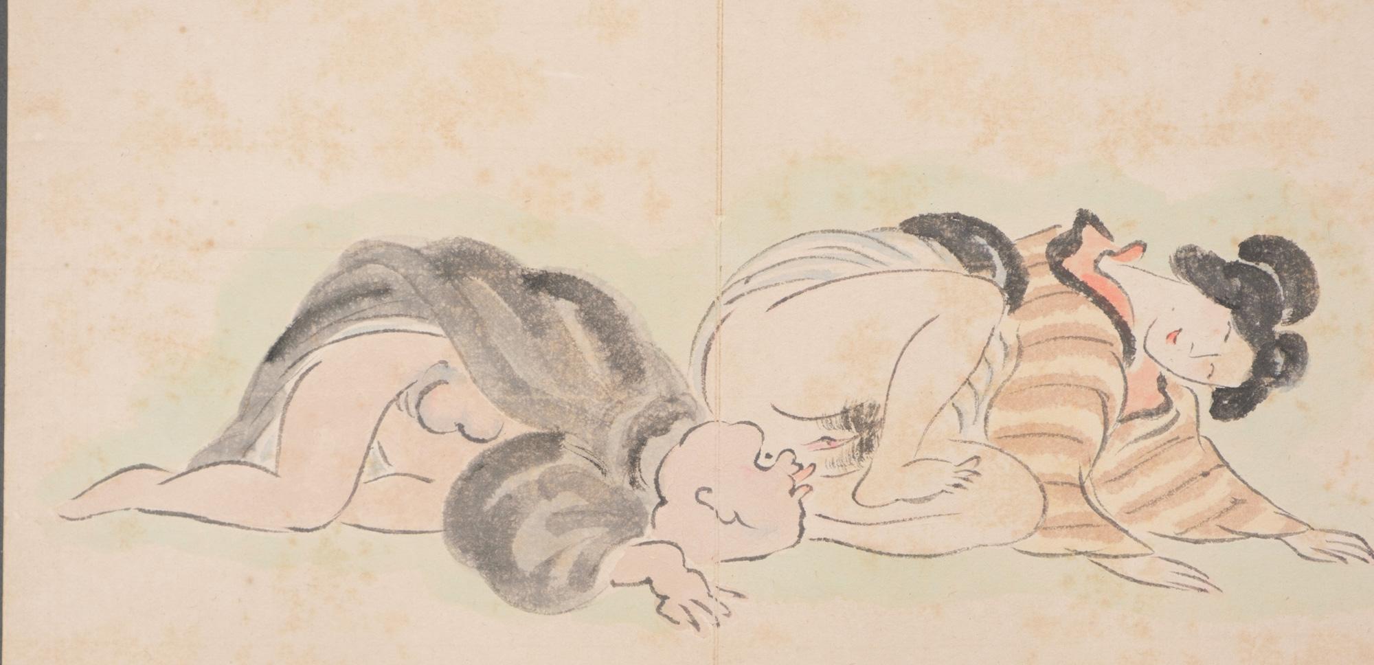 Brocade Japanese Leporello Illustration Book Filled with Toba-E 鳥羽絵 Shunga 春画 Paintings