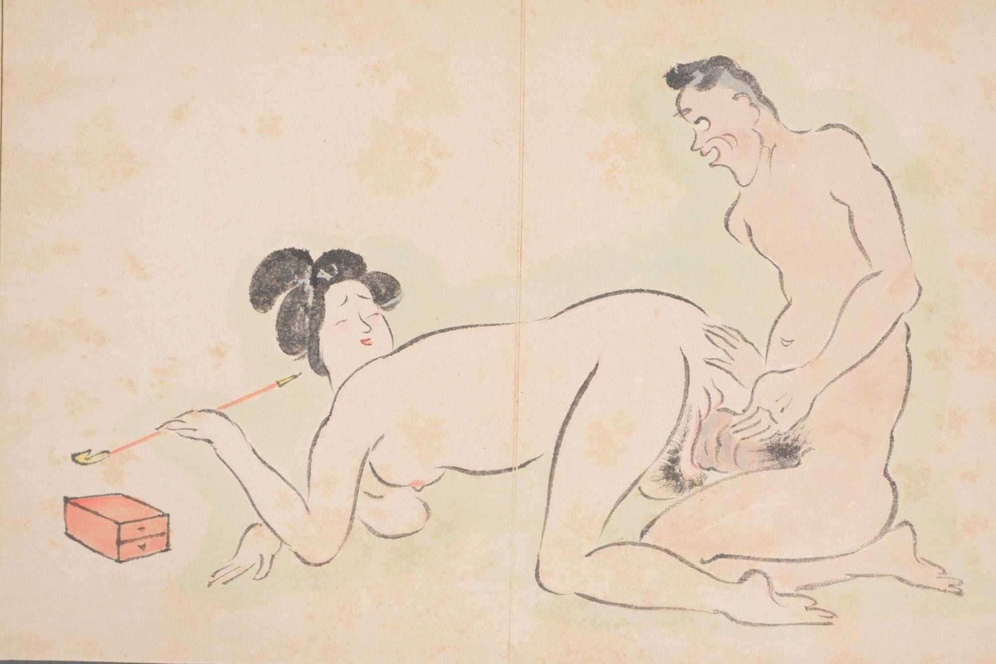 Paper Japanese Leporello Illustration Book Filled with Toba-E 鳥羽絵 Shunga 春画 Paintings For Sale