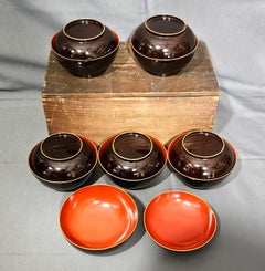 Japanese Lidded Rice Lacquer Bowls w/ Covers, 19 Century