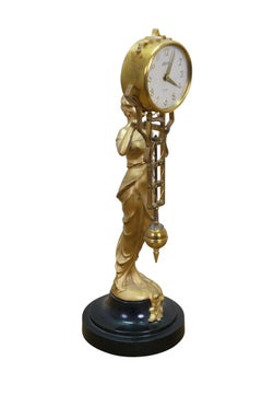 Japanese Linden Art Nouveau Style Swinging 8 Day Diana Statue Desk Clock 14"