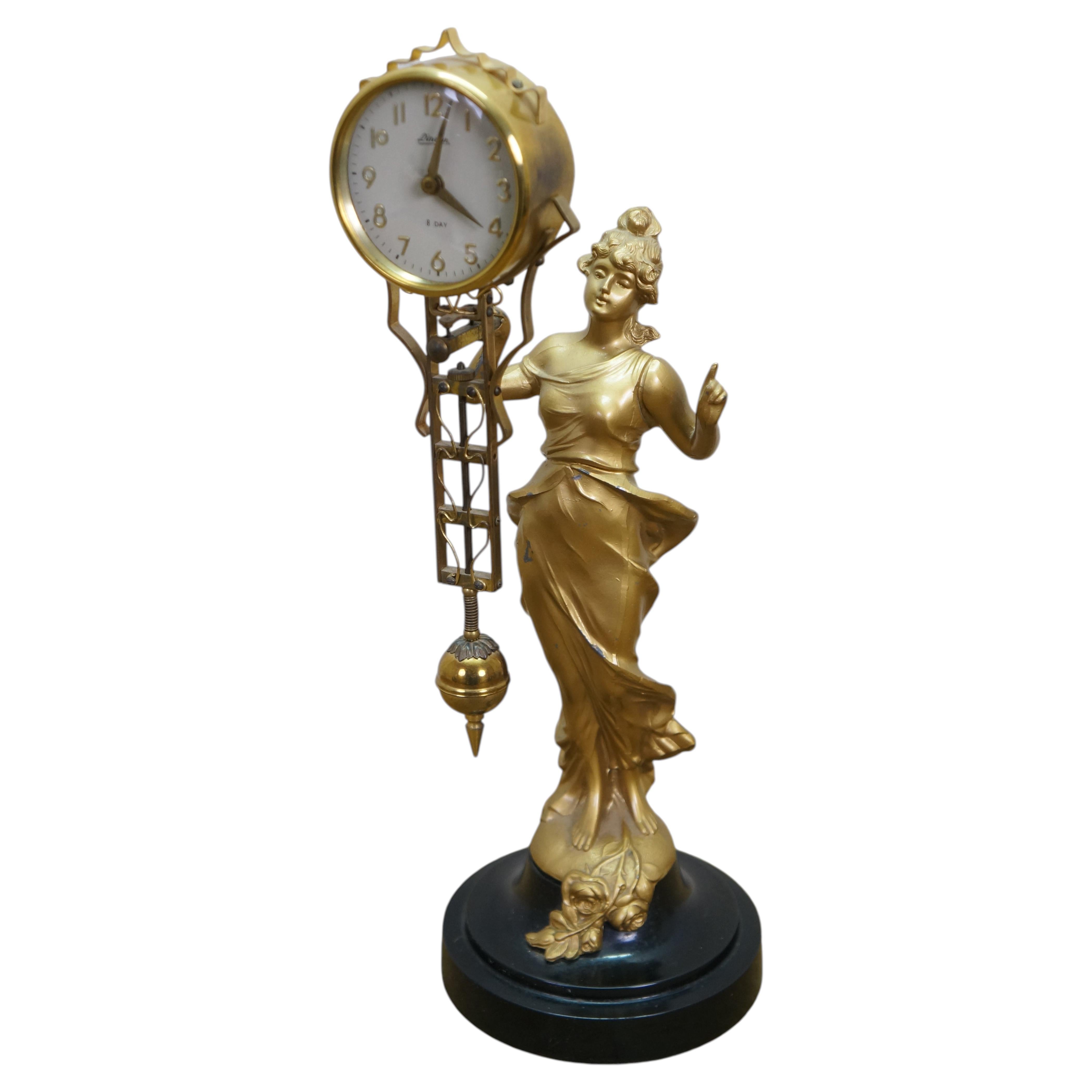 Japanese Linden Art Nouveau Style Swinging 8 Day Diana Statue Desk Clock 14"