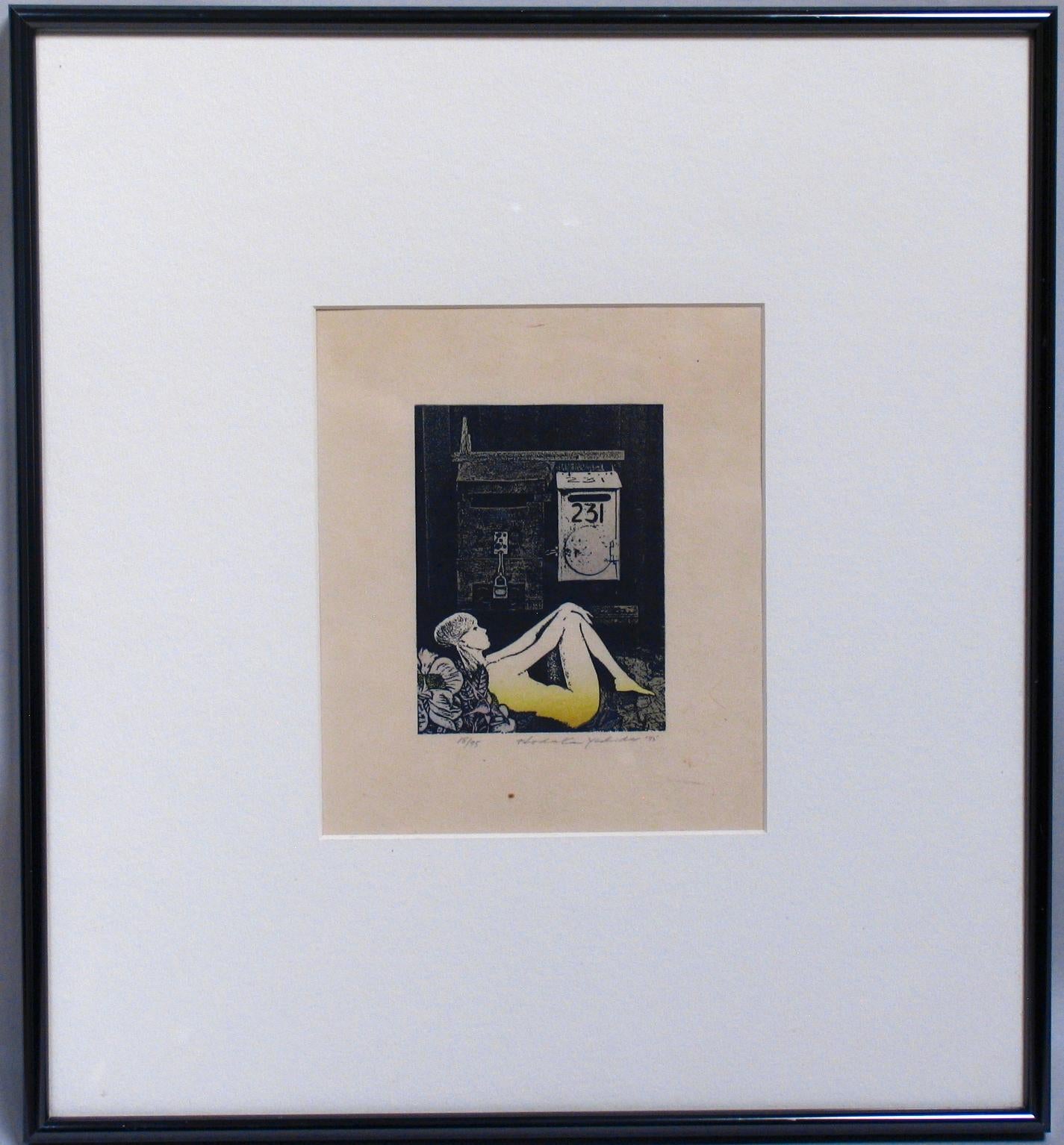 Japanese lithograph by Hodaka Yoshida (1926-1995), dated 1975 and numbered 18/75 of a young nude woman reclining on some flowers with a mail box behind. From the series of House & Nudes, transition B created in the years between 1974-1979. Measuring