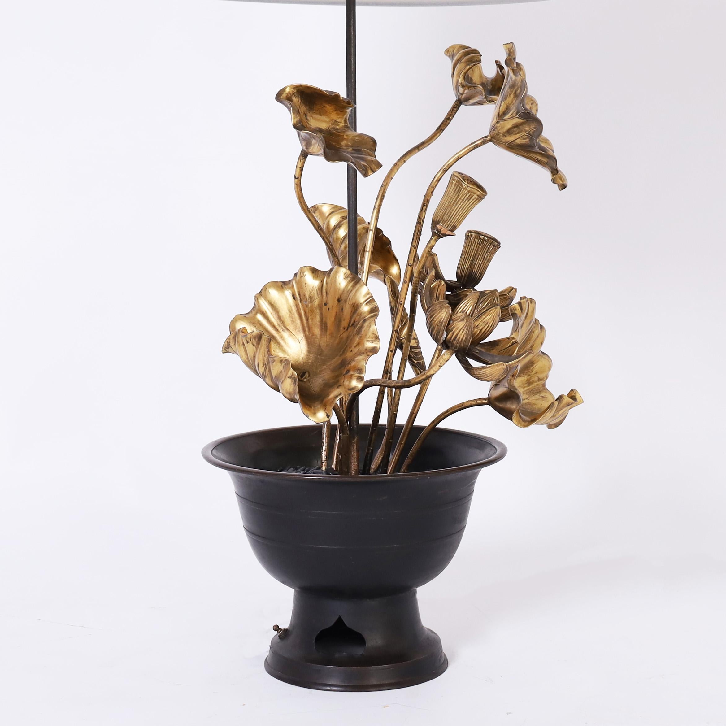 Hand-Crafted Japanese Lotus Flower Table Lamp For Sale