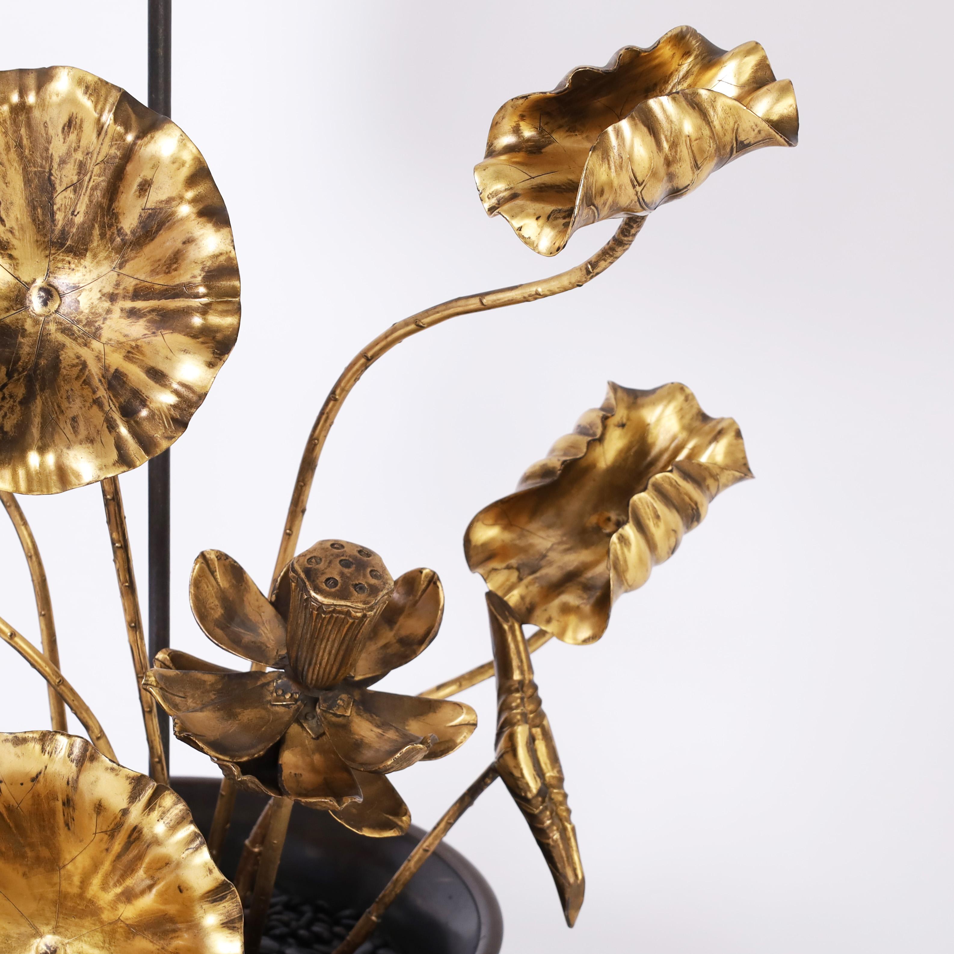 Bronze Japanese Lotus Flower Table Lamp For Sale