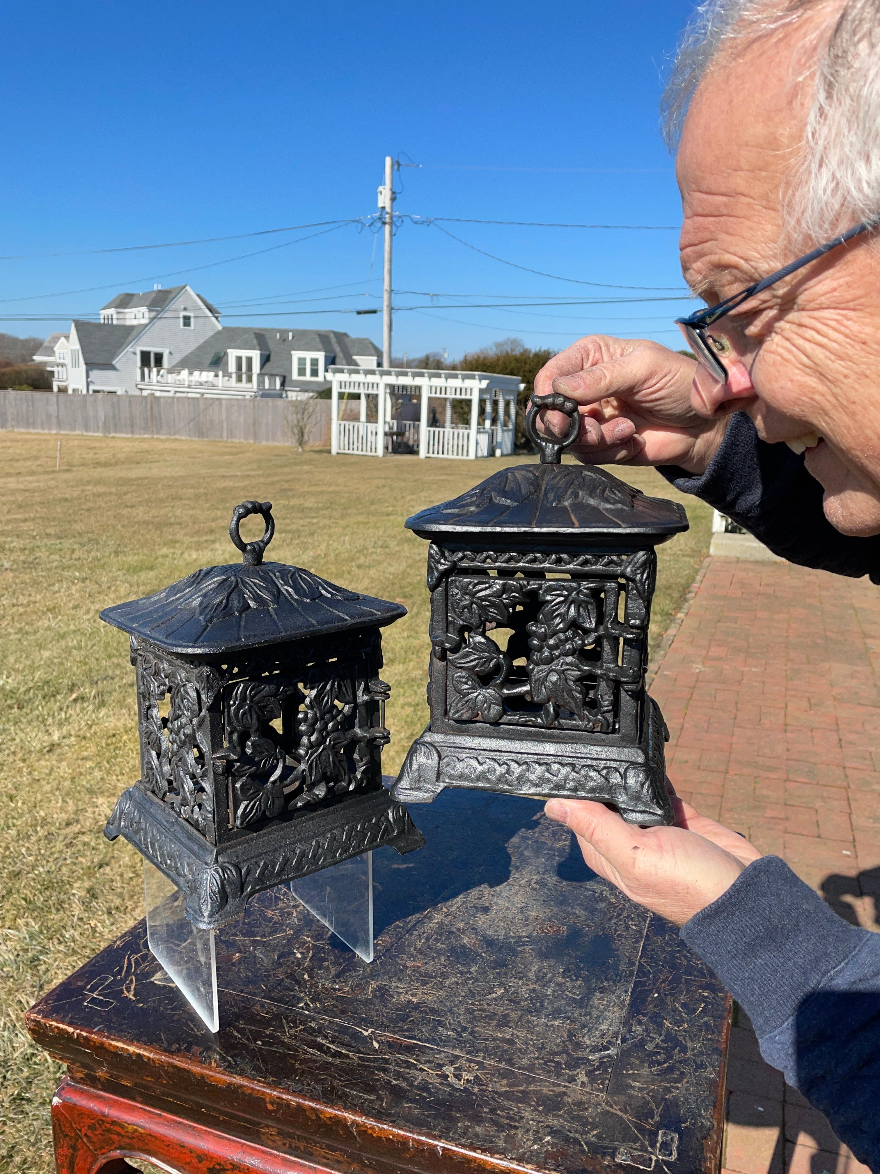 Hard to find , highest quality pair (2) Grape and Vines Garden Lanterns 

Grapes galore. See them bursting with night light!

This Japanese handsome quality pair (2) of old 