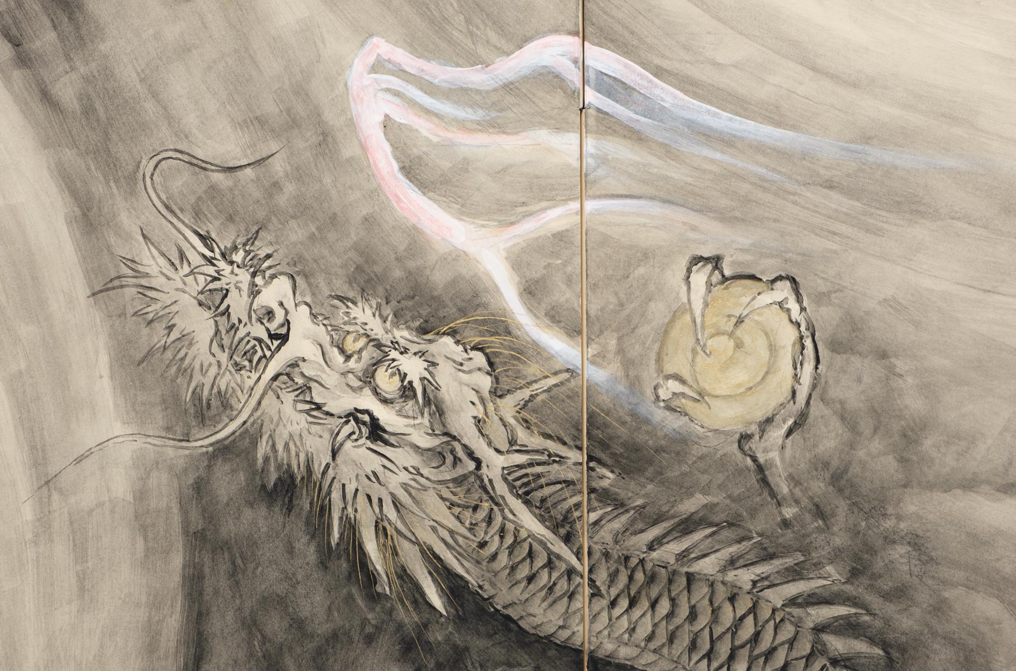 Japanese low 2-panel byôbu 屏風 of a dragon by Shioya Shinsen 塩谷深仙 In Good Condition In Amsterdam, NL