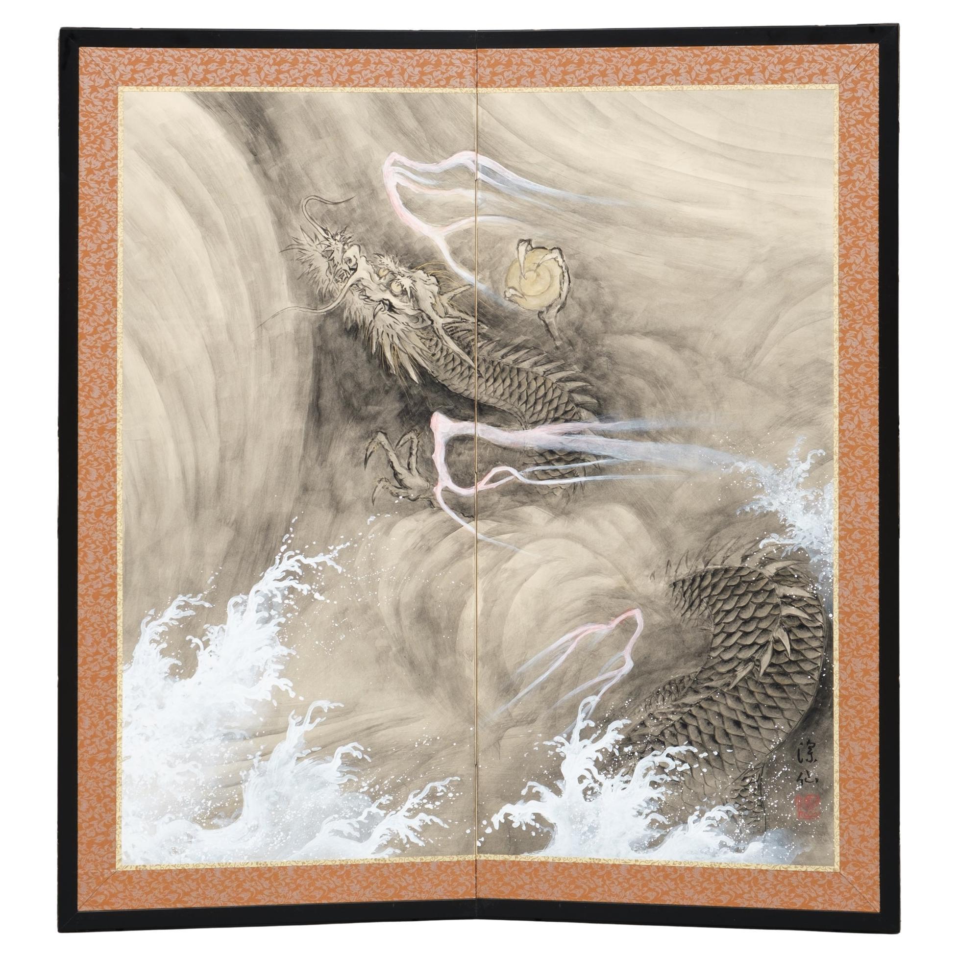Japanese low 2-panel byôbu 屏風 of a dragon by Shioya Shinsen 塩谷深仙 For Sale