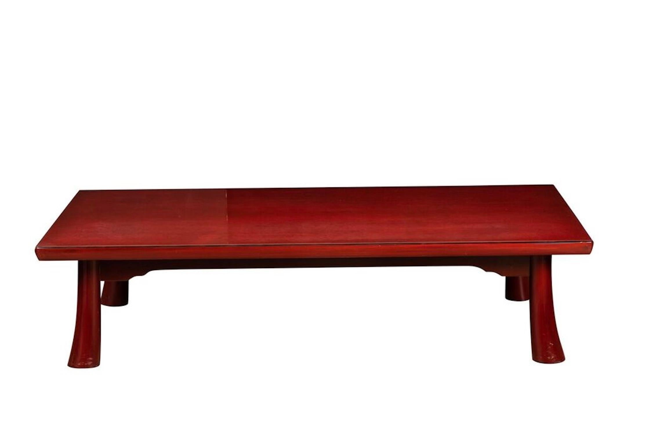 Vintage Japanese coffee table in the style of 19th century Japanese 'Wakasa' tables. Made by Gumps, San Francisco 1960s. 'Oxblood' color lacquer.