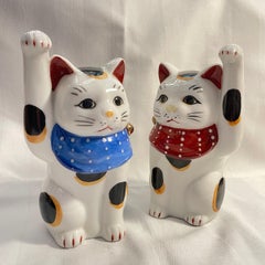 Japanese Lucky Cat Manekineko Couple Porcelain 1970s