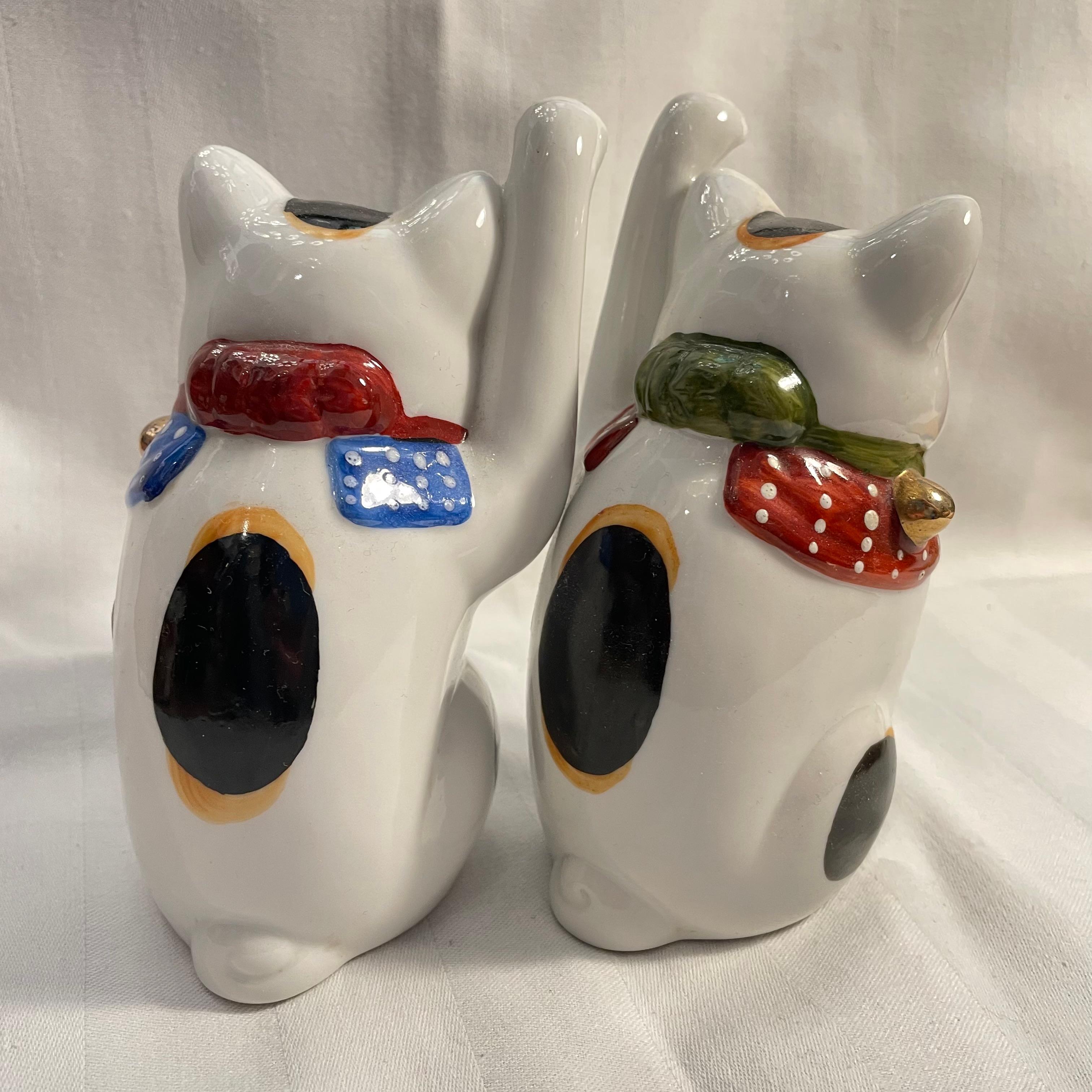 Gato de la suerte japonés Manekineko Pareja Porcelana Años 70 Japonés en venta
