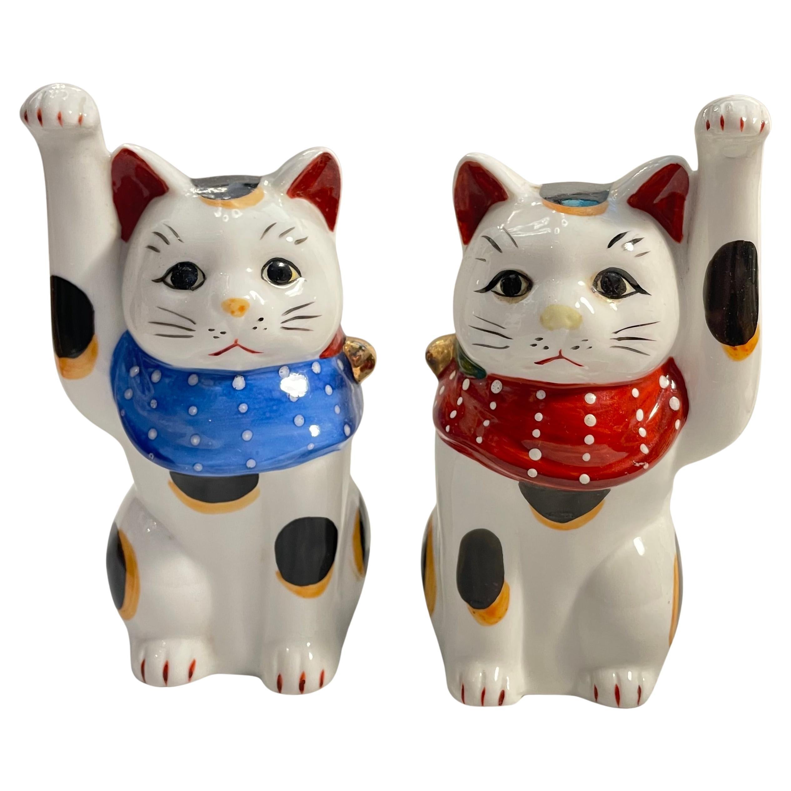 Japanische Glückskatze Manekineko Couple Porzellan 1970er Jahre