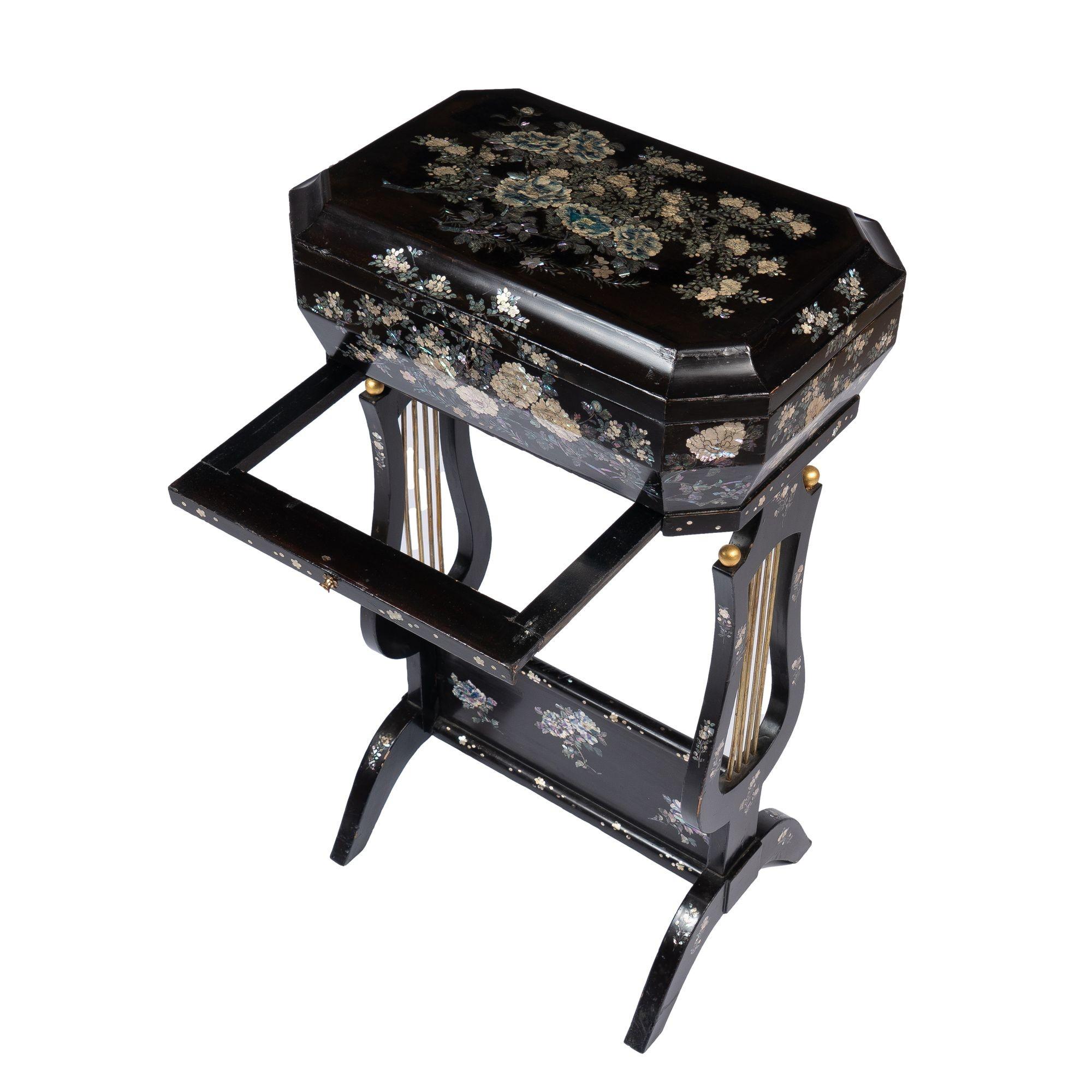 Japanese Lyre Base Sewing Box on Stand with Mother-Of Pearl Inlays, c. 1880 For Sale 4