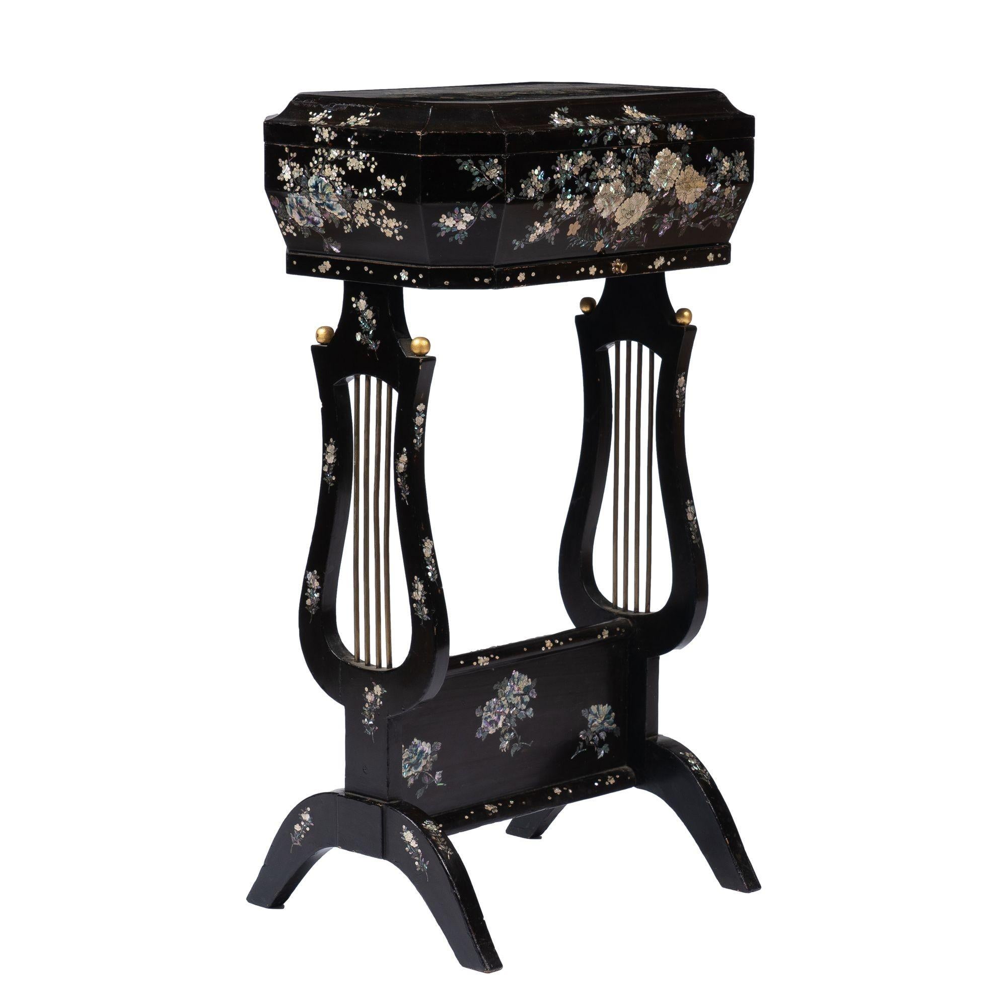 Abalone Japanese Lyre Base Sewing Box on Stand with Mother-Of Pearl Inlays, c. 1880 For Sale