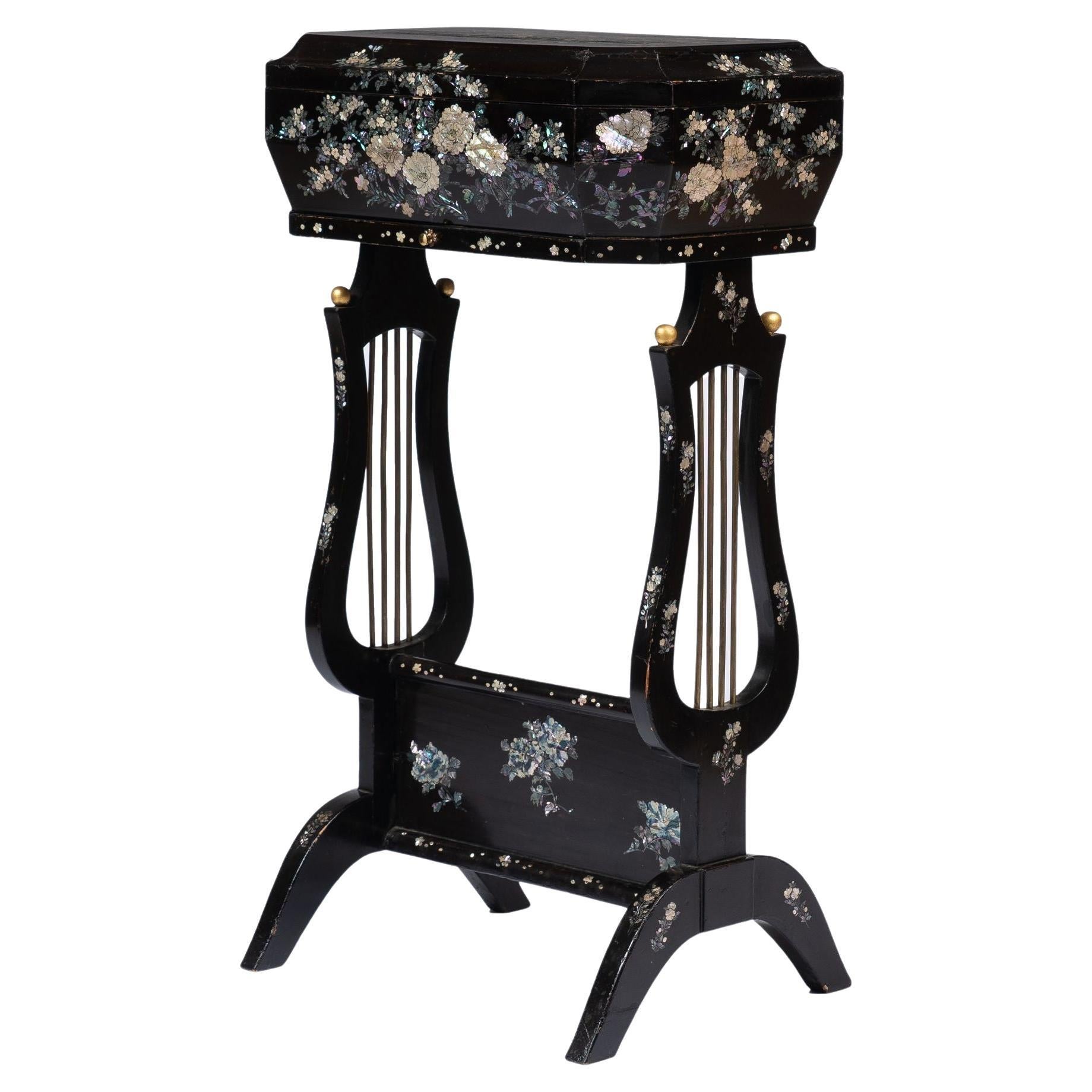 Japanese Lyre Base Sewing Box on Stand with Mother-Of Pearl Inlays, c. 1880 For Sale