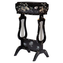 Japanese Lyre Base Sewing Box on Stand with Mother-Of Pearl Inlays, 1880