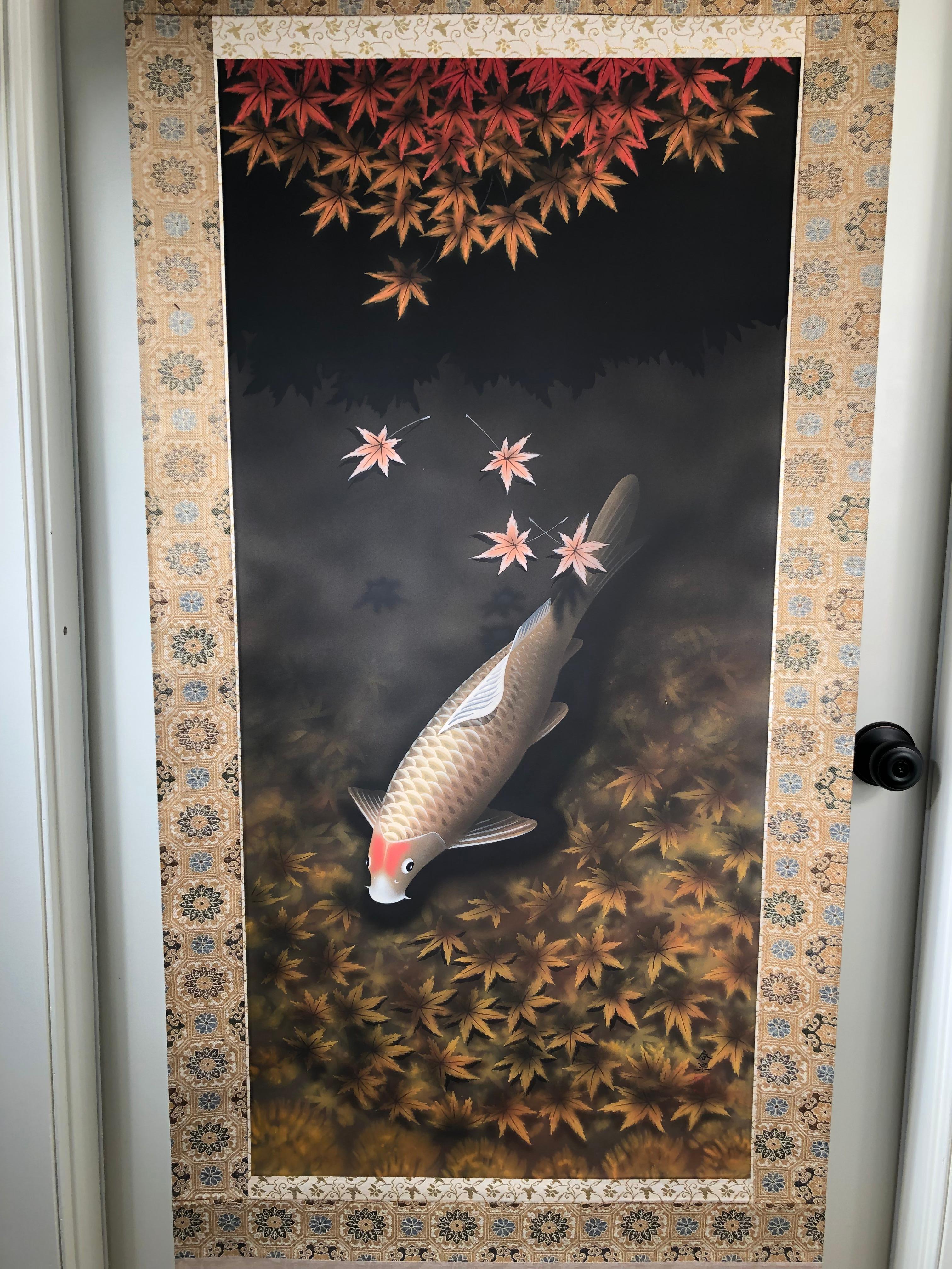 Showa Japanese Magnificent Koi Fish Scroll Hand Painting on Silk, Signed & Triple Boxed