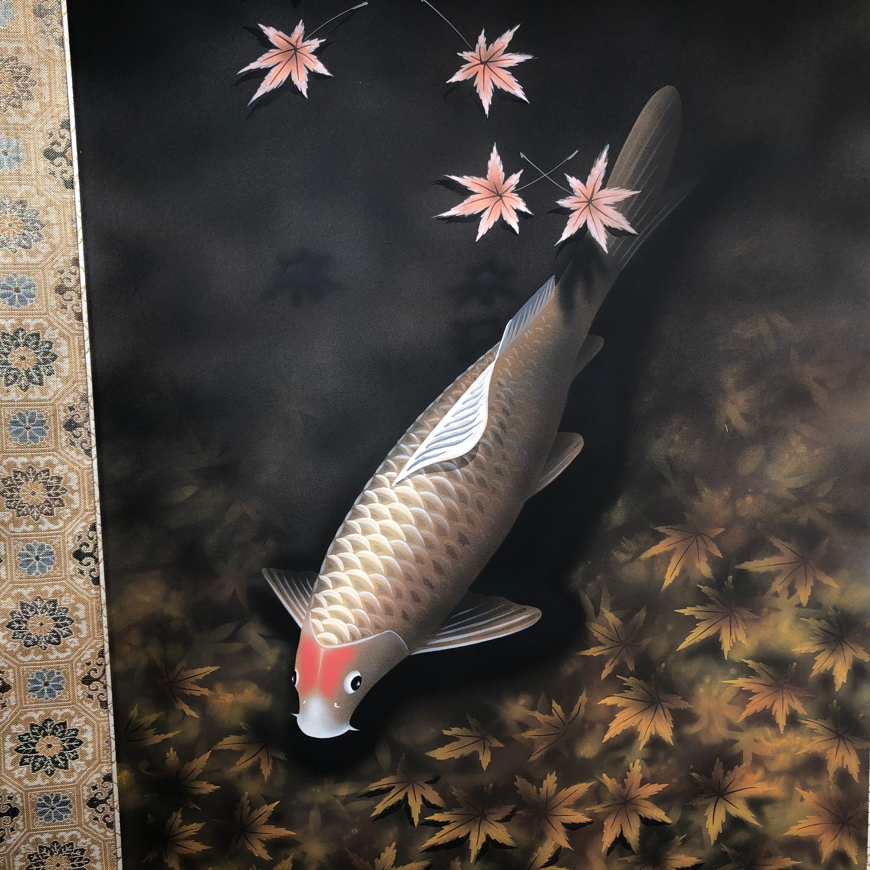 Hand-Painted Japanese Magnificent Koi Fish Scroll Hand Painting on Silk, Signed & Triple Boxed