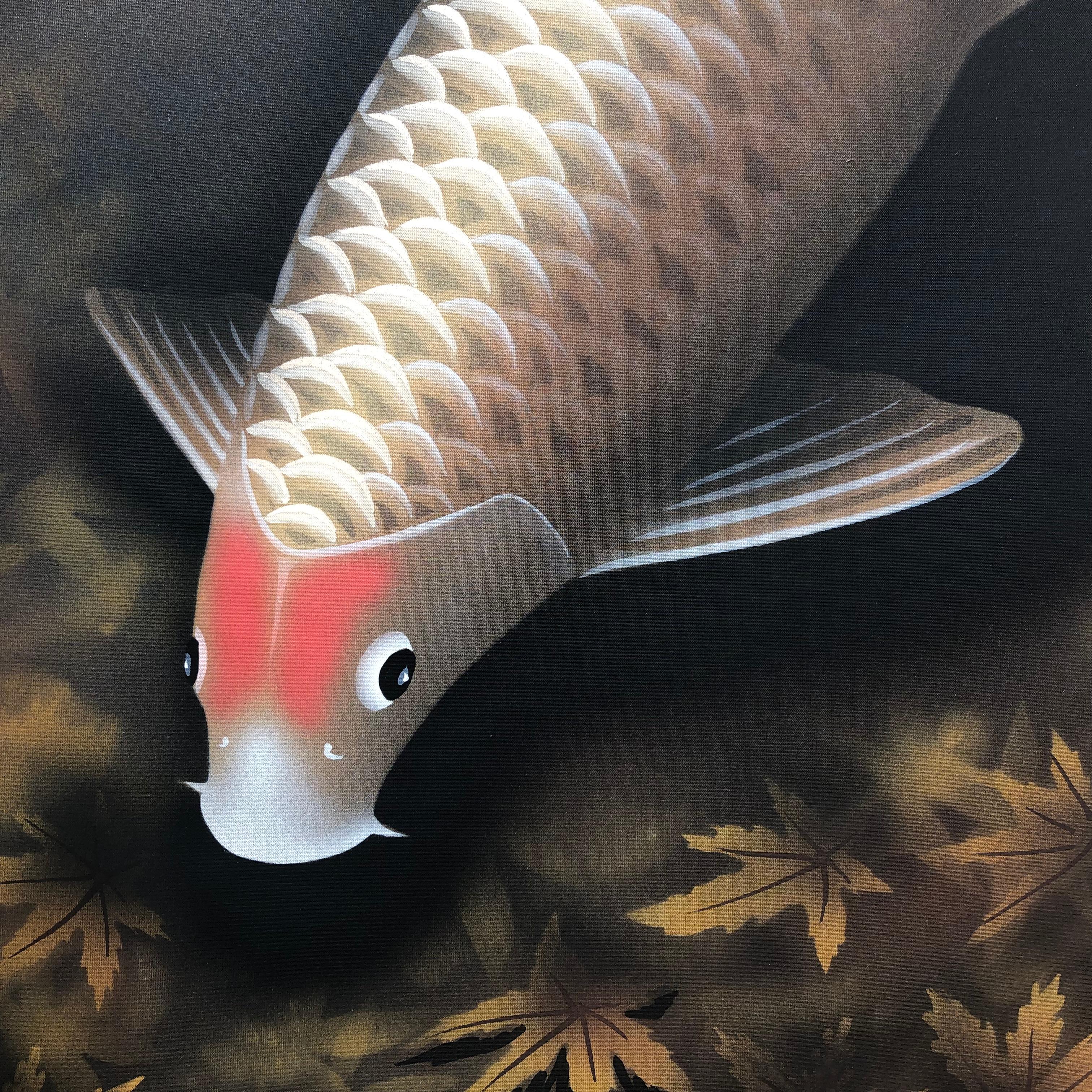 Japanese Magnificent Koi Fish Scroll Hand Painting on Silk, Signed & Triple Boxed In Good Condition In South Burlington, VT