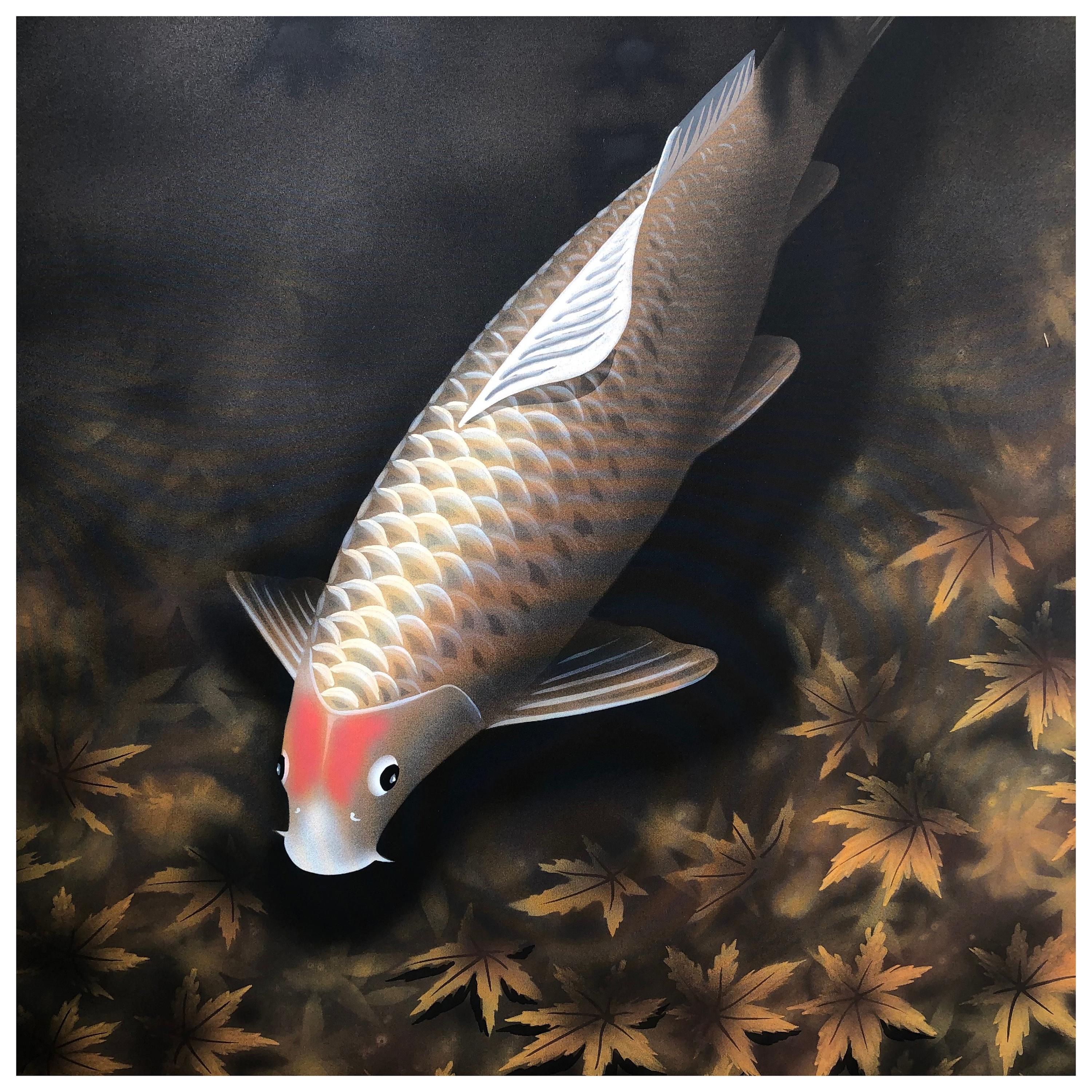 Japanese Magnificent Koi Fish Scroll Hand Painting on Silk, Signed & Triple Boxed