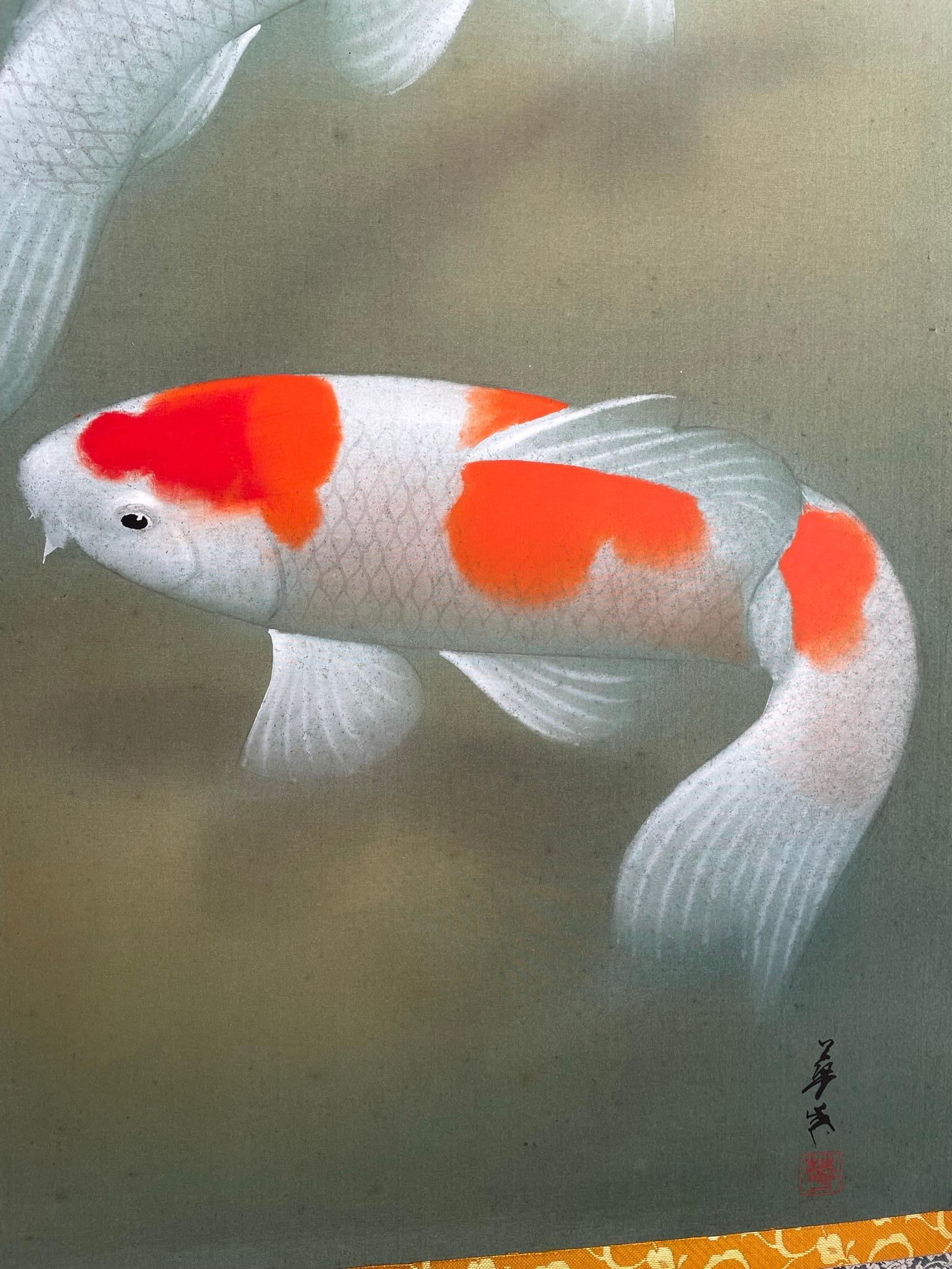 Japanese Magnificent Koi Fish Silk Scroll Hand Painting Signed & Boxed For Sale 1