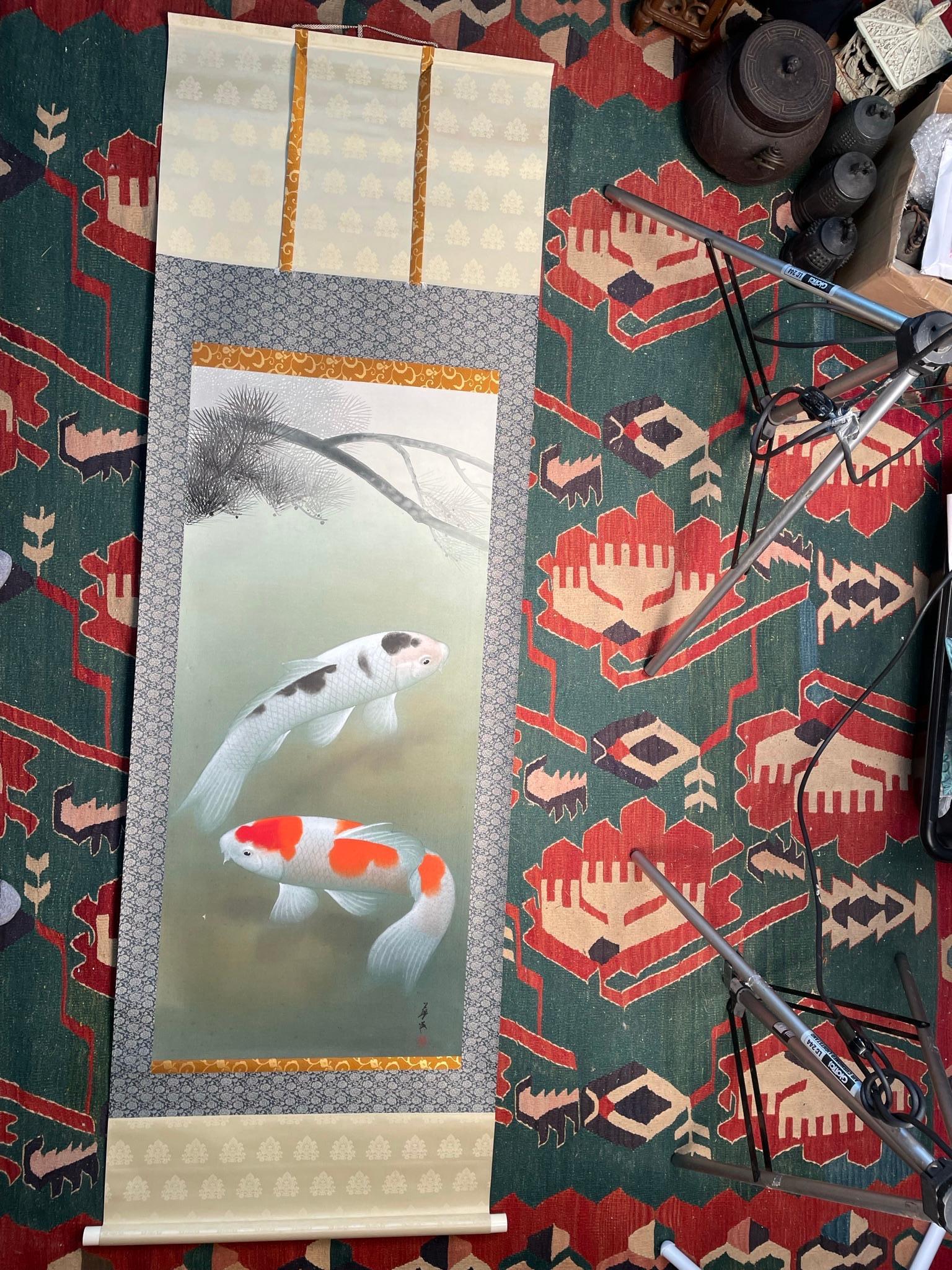 Japanese Magnificent Koi Fish Silk Scroll Hand Painting Signed & Boxed For Sale 11