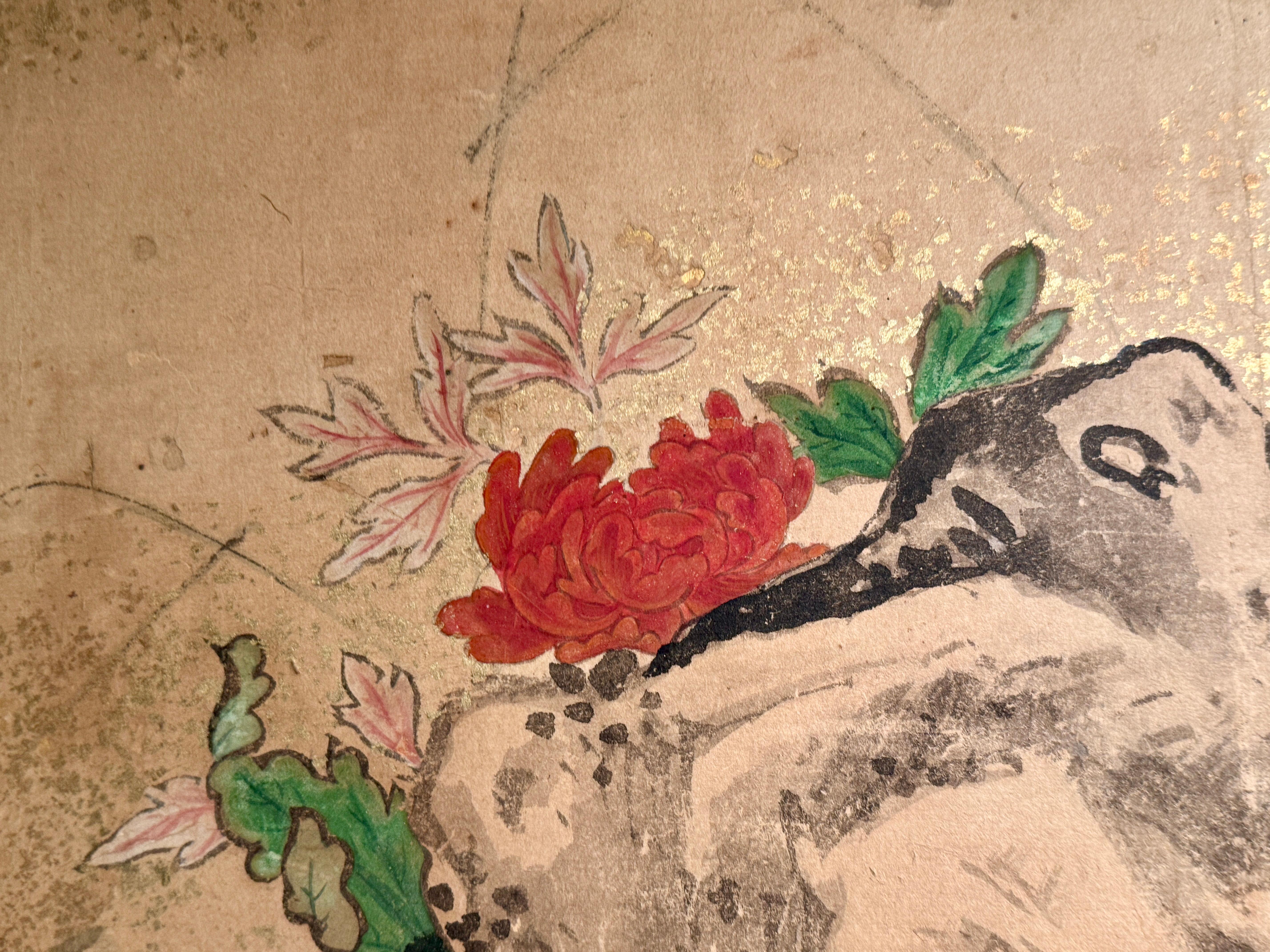 Cuivre Paravent japonais à deux panneaux « magpie et pivoine », période Edo, 18e/19e siècle en vente