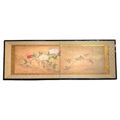 Japanese "Magpie and Peony" Two Panel Screen, Edo Period, 18th/19th century