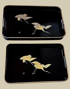 Japanese Maki Style Black Lacquer Effect Resin Two Trays  Gold Painted Cranes