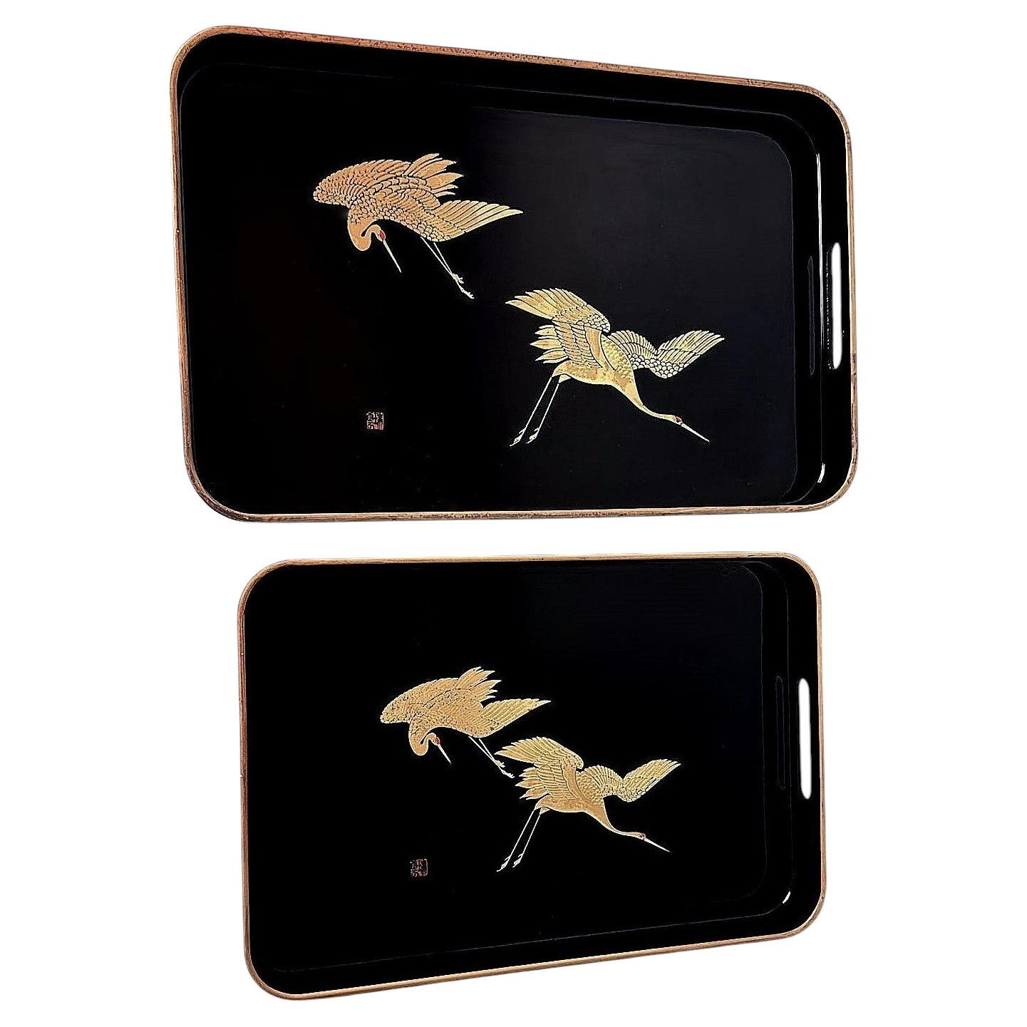 Japanese Maki Style Black Lacquer Effect Resin Two Trays  Gold Painted Cranes