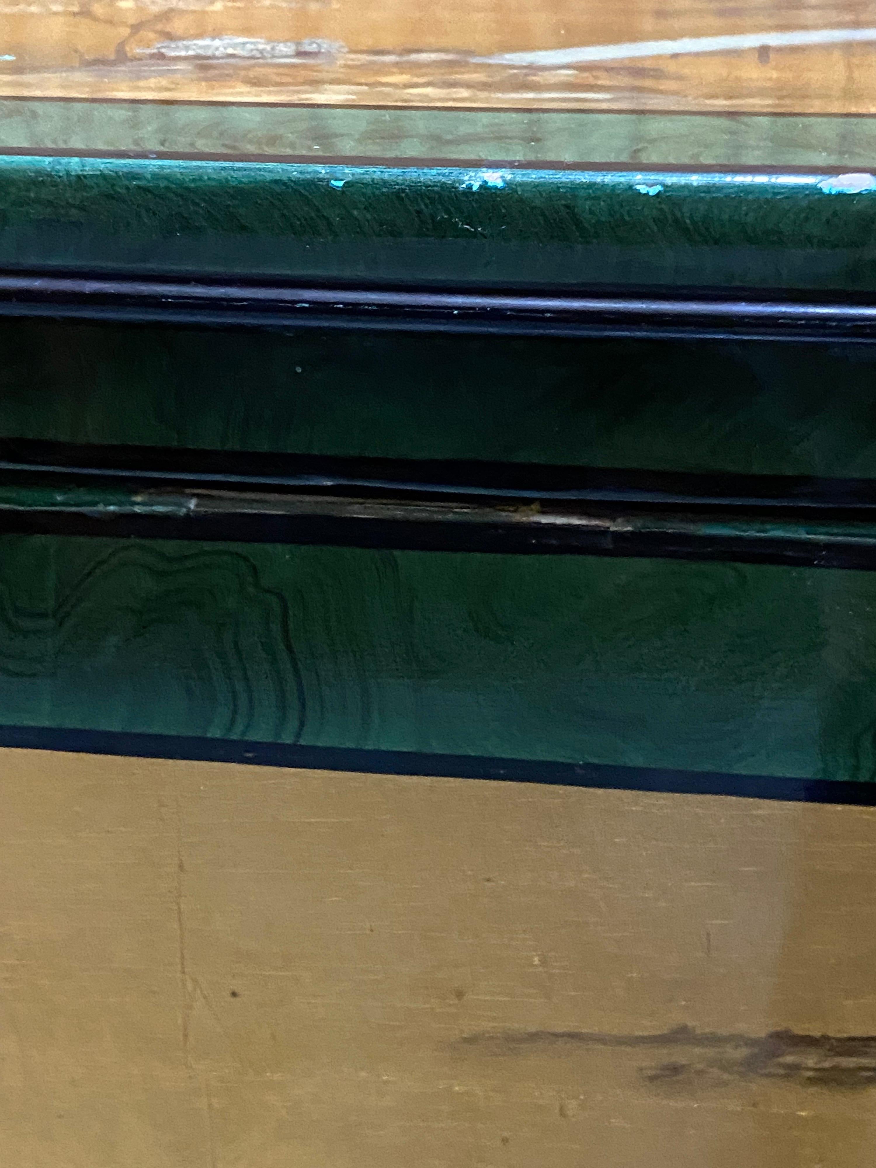 Wood Japanese Malachite Green & Gilded Chinoiserie Faux Painted Bar Cabinet For Sale