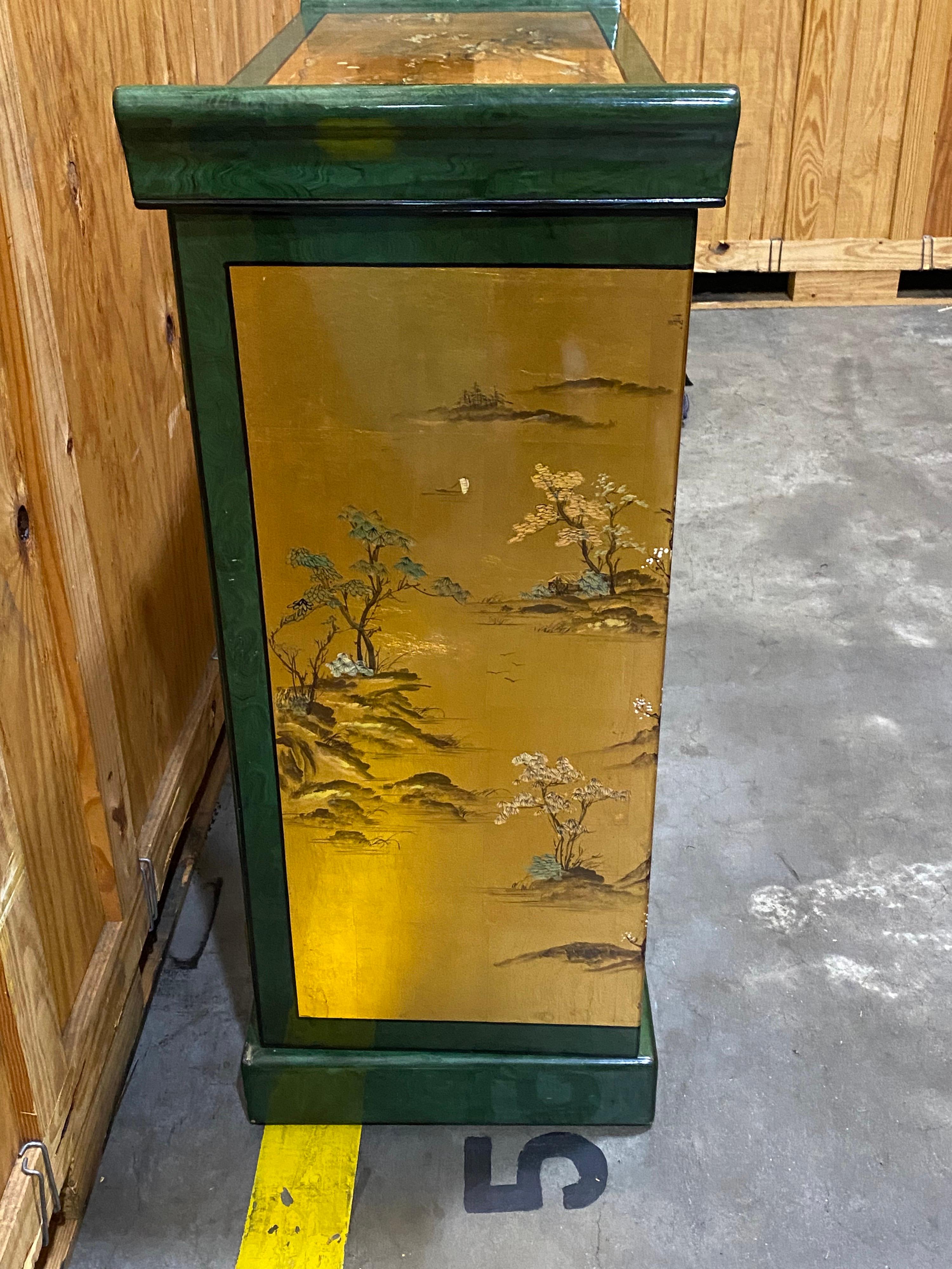 Faux Bois Japanese Malachite Green & Gilded Chinoiserie Faux Painted Bar Cabinet For Sale