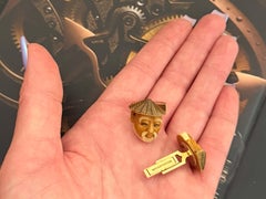 Japanese Man Carving Cuff Links 14K Yellow Gold